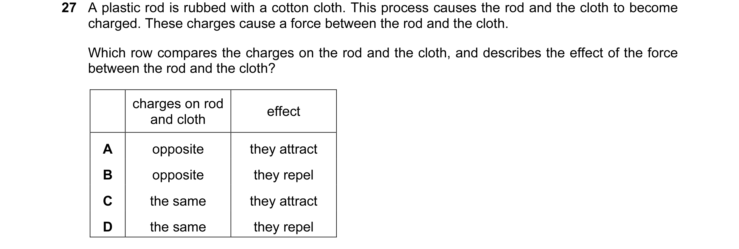 Question 184: A plastic rod is rubbed with a cotton cloth. This process causes the rod and the cloth to become charged. These charges cause a force betwe…