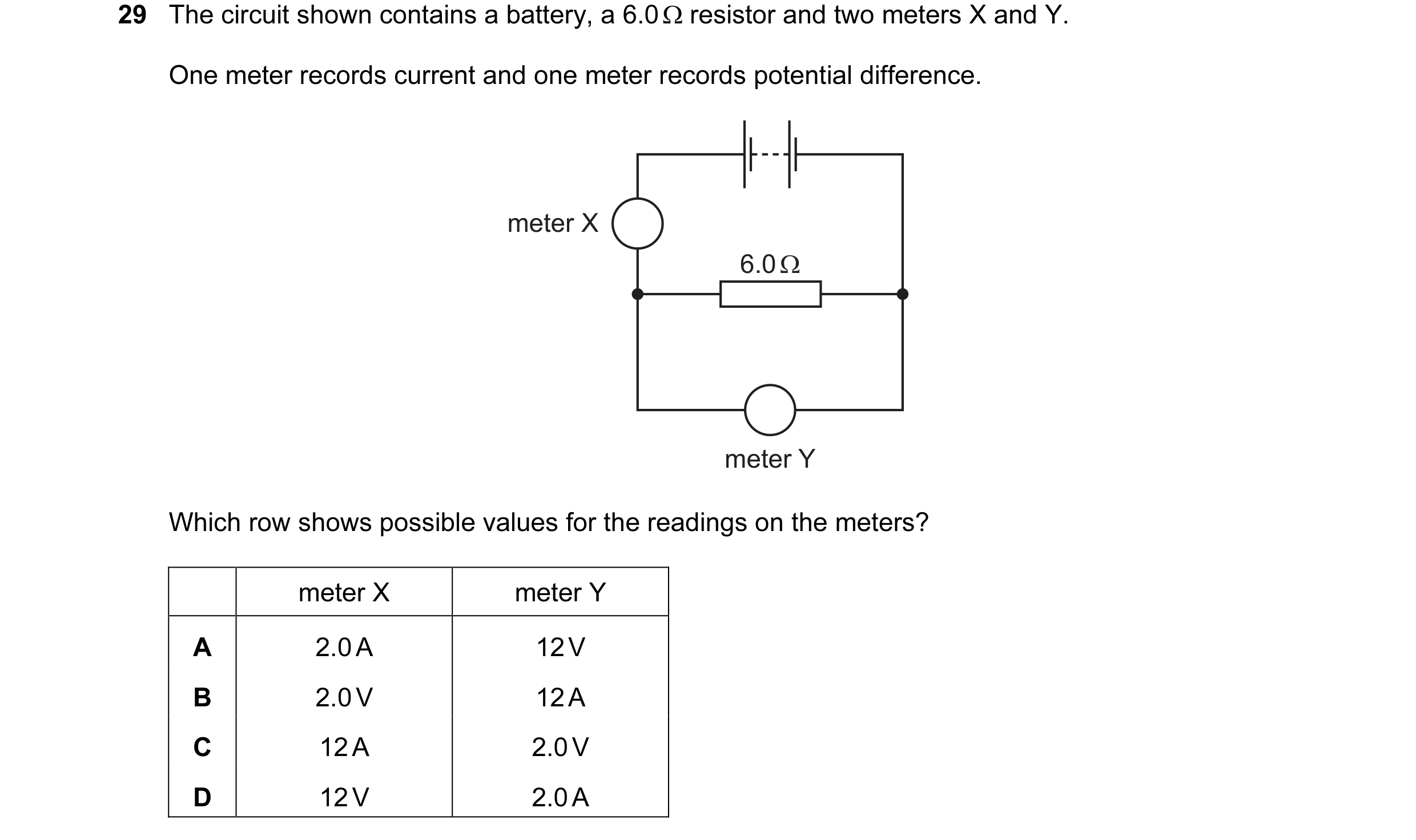 Question 186: The circuit shown contains a battery, a 6.0 Ω resistor and two meters X and Y. One meter records current and one meter records potential di…