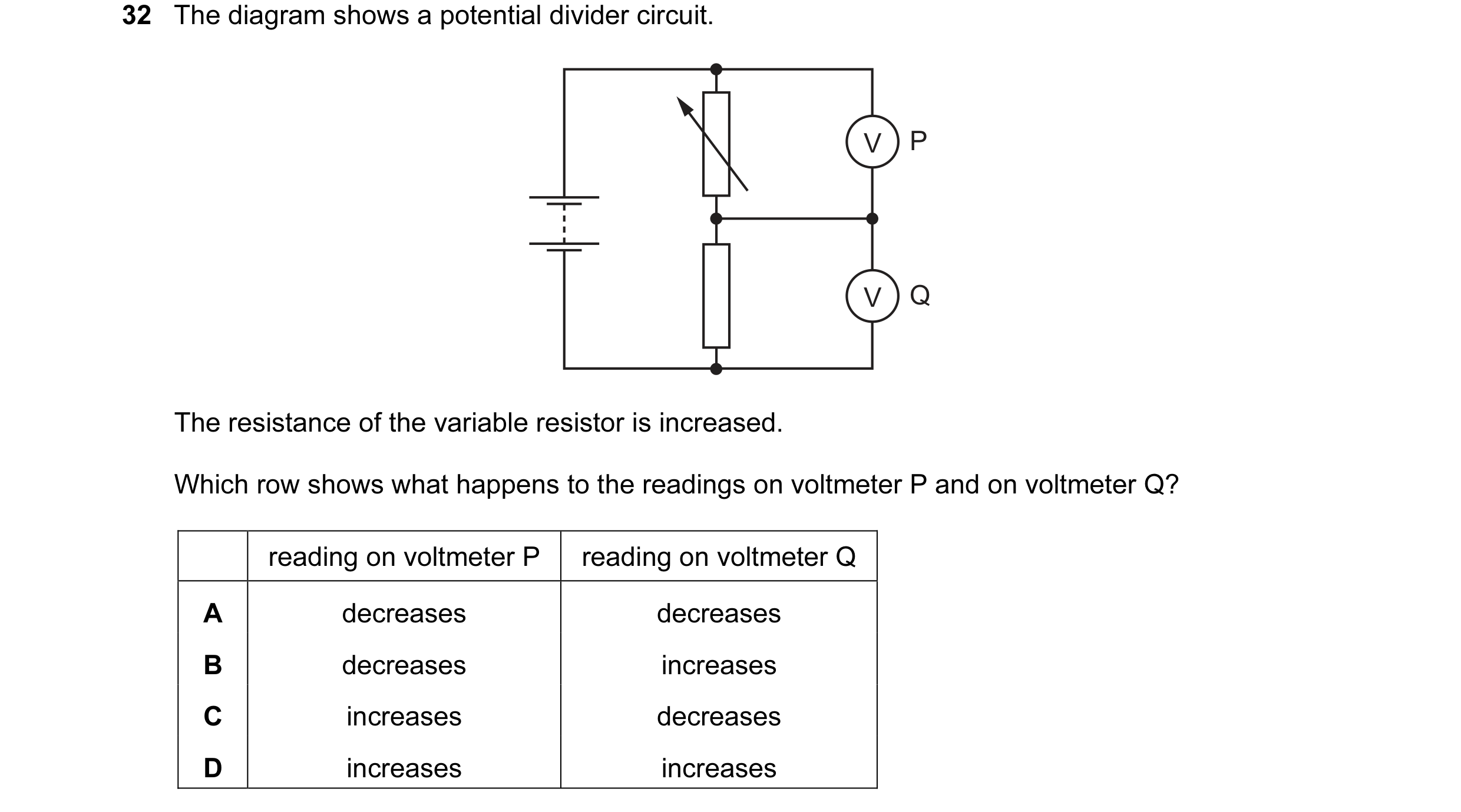 Question 189: The diagram shows a potential divider circuit. V P V Q The resistance of the variable resistor is increased. Which row shows what happens t…