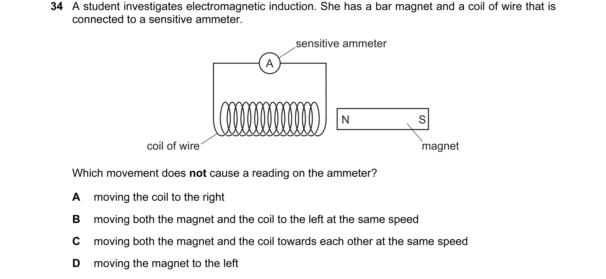 Question 132: A student investigates electromagnetic induction. She has a bar magnet and a coil of wire that is connected to a sensitive ammeter. sensiti…