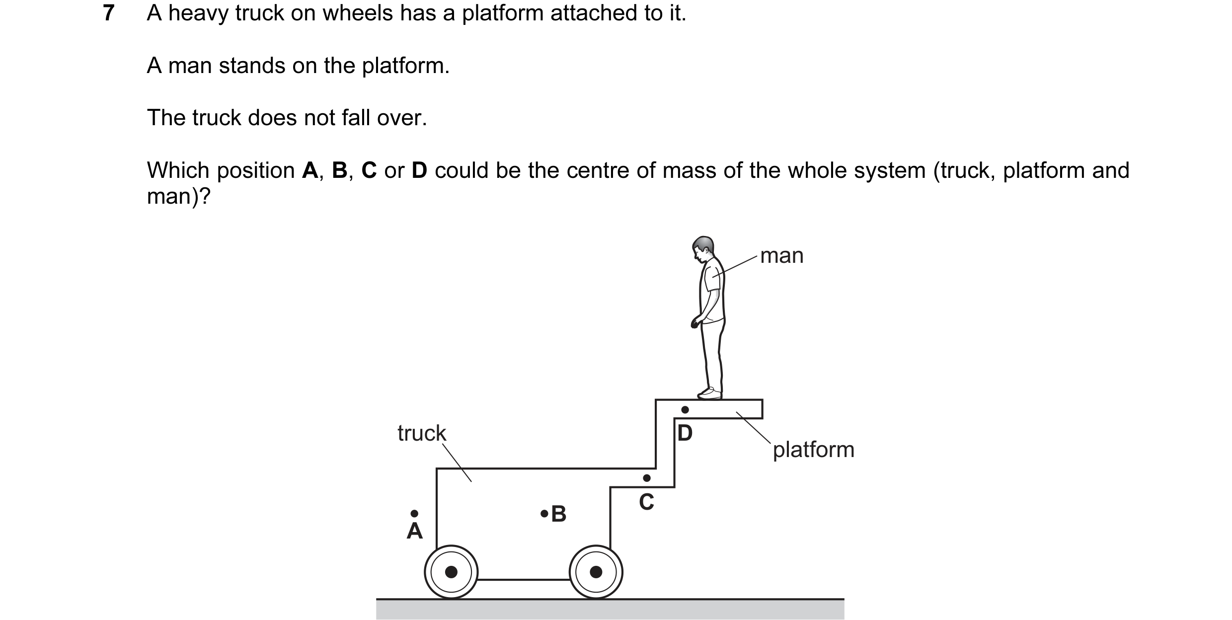 Question 122: A heavy truck on wheels has a platform attached to it. A man stands on the platform. The truck does not fall over. Which position A, B, C o…