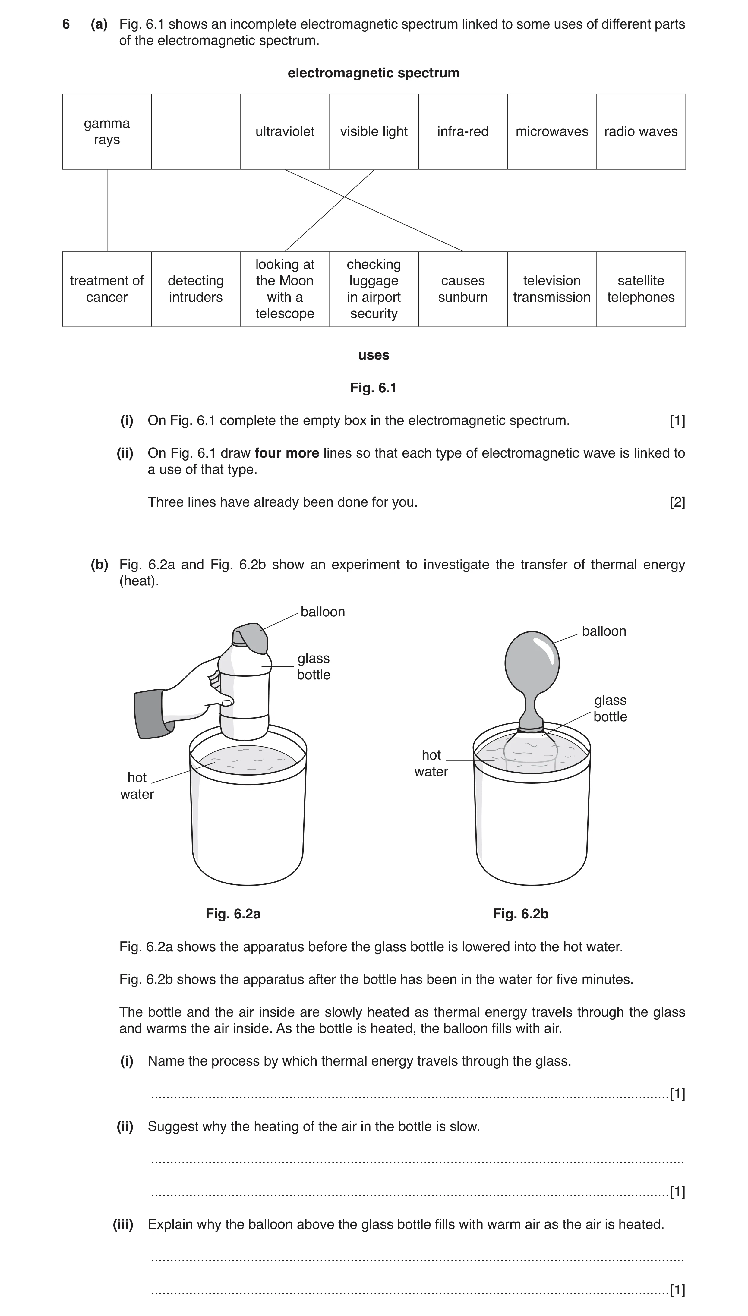 Question 9: (a) Fig. 6.1 shows an incomplete electromagnetic spectrum linked to some uses of different parts of the electromagnetic spectrum. electroma…