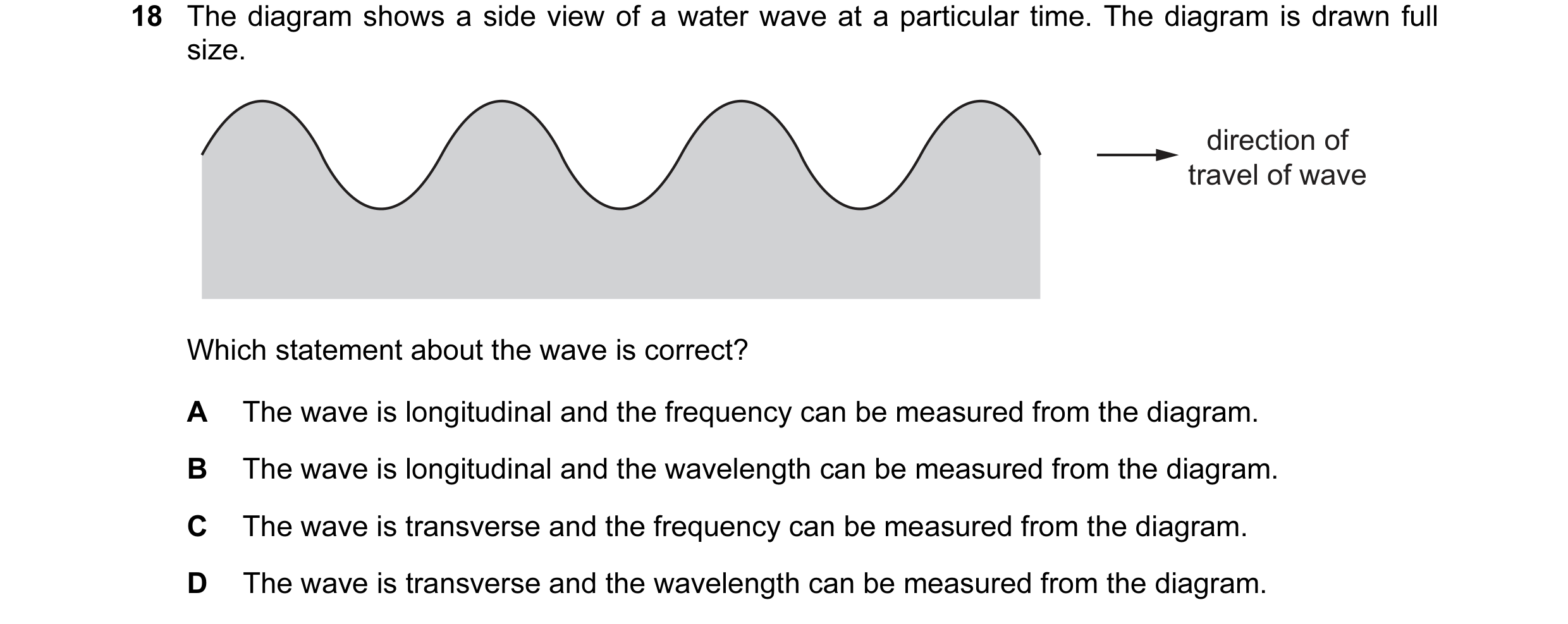 Question 108: The diagram shows a side view of a water wave at a particular time. The diagram is drawn full size. direction of travel of wave Which state…