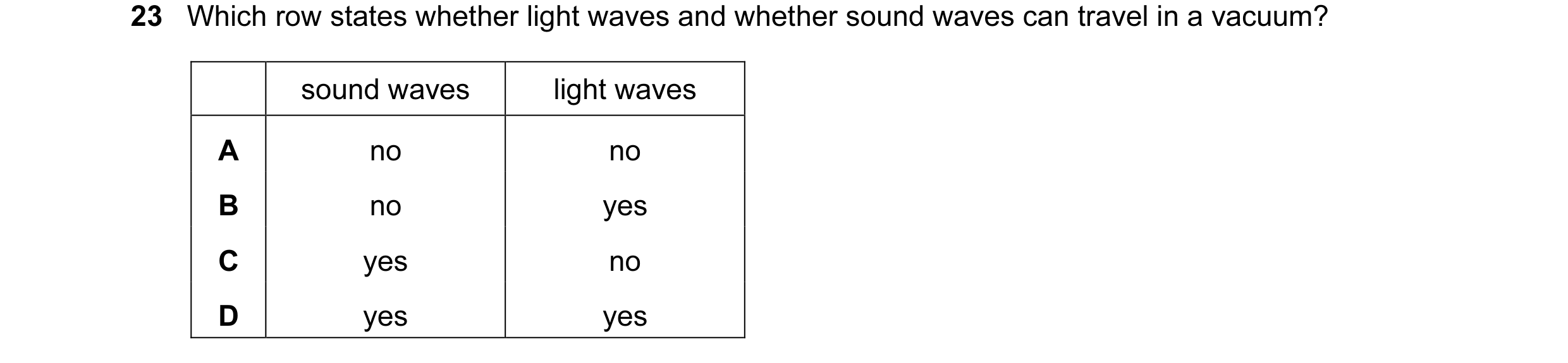 Question 93: Which row states whether light waves and whether sound waves can travel in a vacuum? sound waves light waves A no no B no yes C yes no D ye…