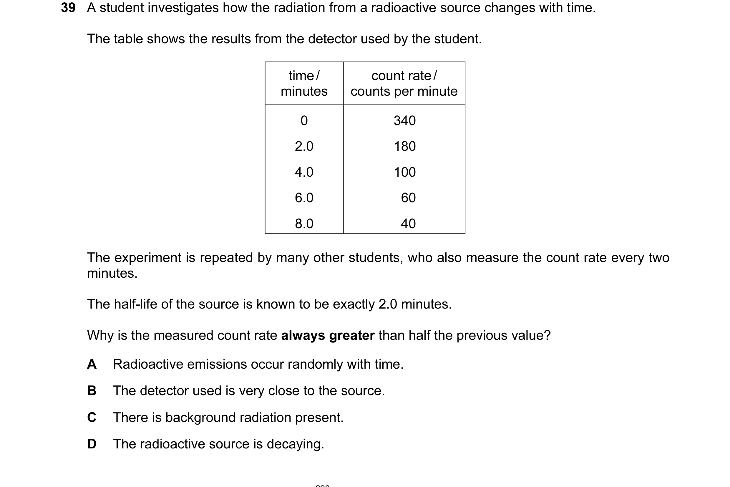 Question 80: A student investigates how the radiation from a radioactive source changes with time. The table shows the results from the detector used by…