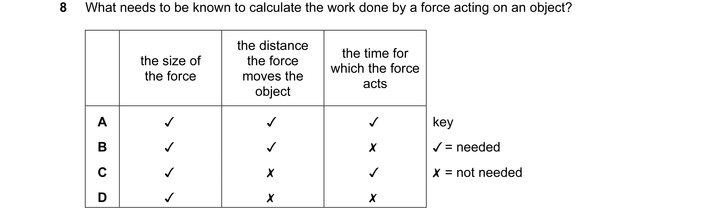 Question 117: What needs to be known to calculate the work done by a force acting on an object?

the distance the time for
the size of the force .
which …