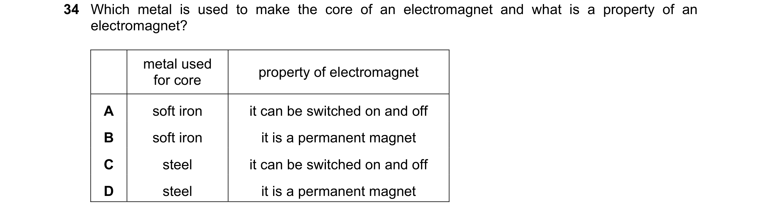 Question 16: Which metal is used to make the core of an electromagnet and what is a property of an electromagnet? metal used property of electromagnet f…
