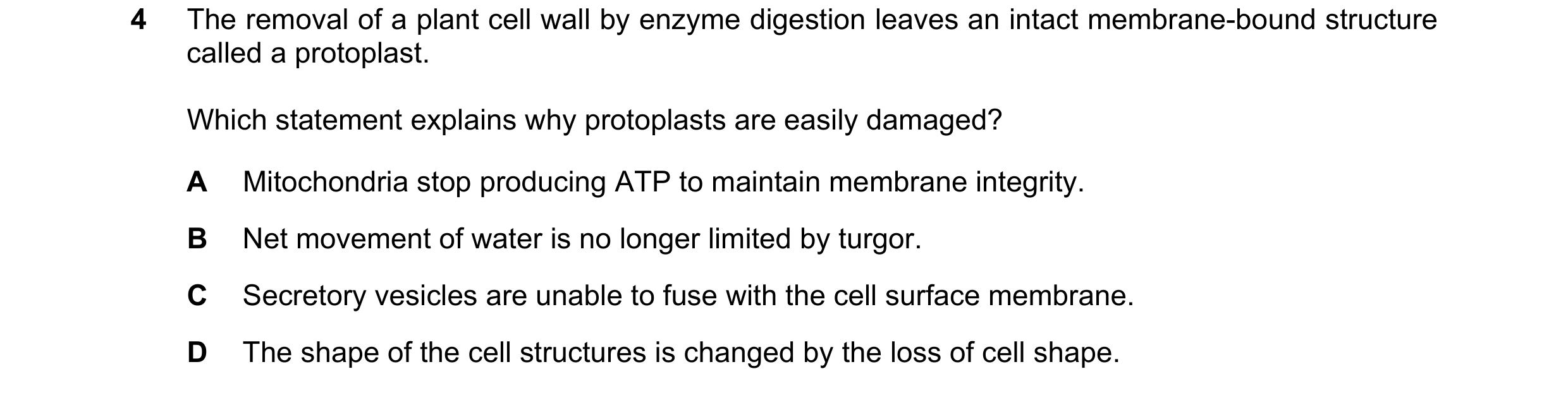 Question 84: The removal of a plant cell wall by enzyme digestion leaves an intact membrane-bound structure called a protoplast. Which statement explain…