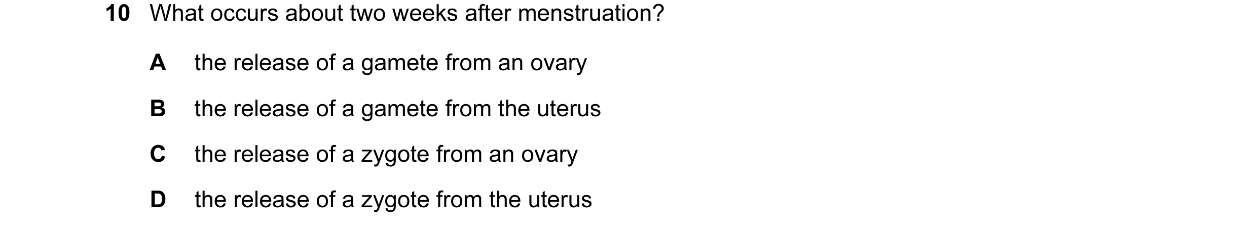 Question 29: What occurs about two weeks after menstruation? A the release of a gamete from an ovary B the release of a gamete from the uterus C the rel…