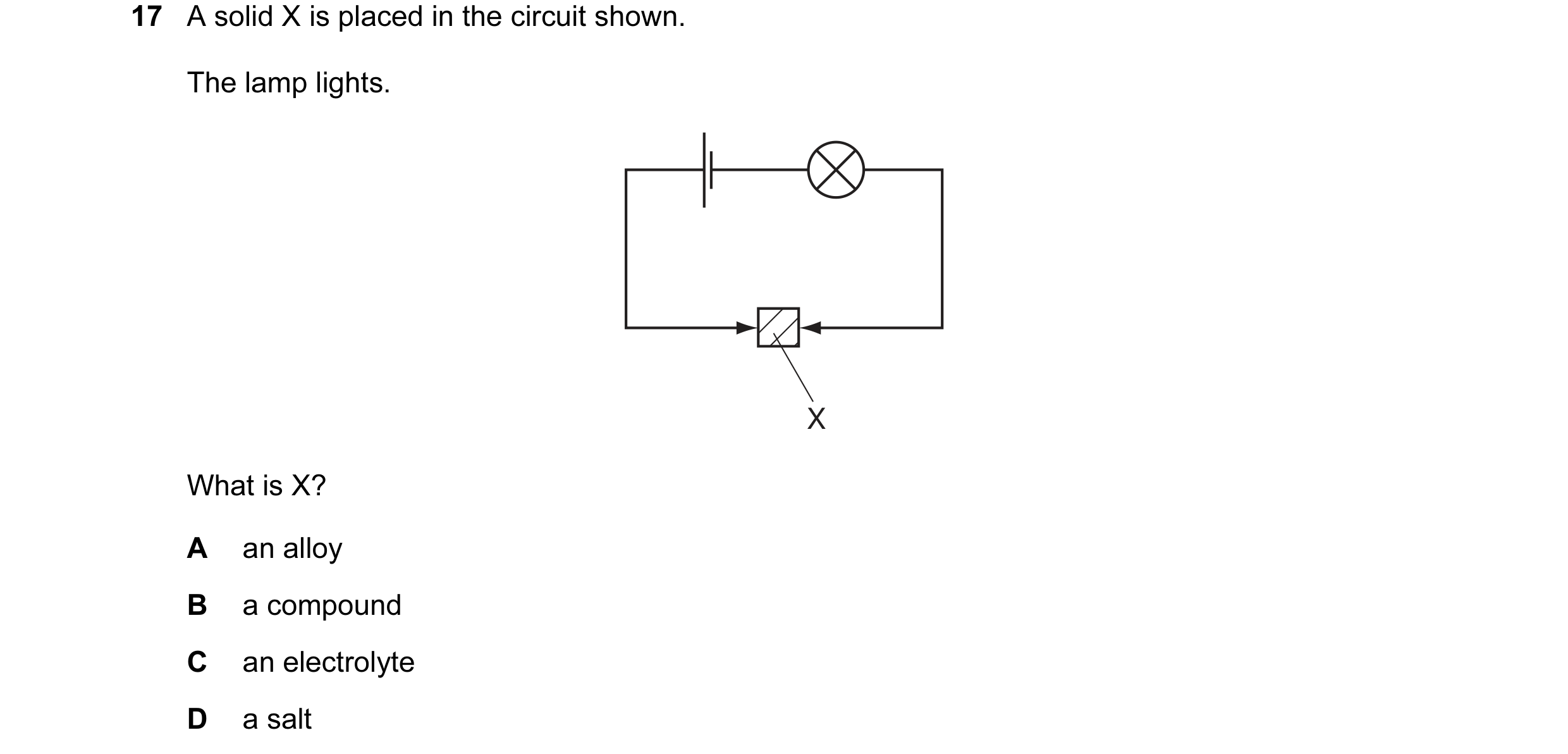 Question 28: A solid X is placed in the circuit shown. The lamp lights. X What is X? A an alloy B a compound C an electrolyte D a salt