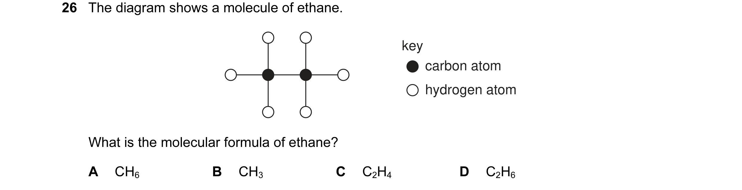 Question 9: The diagram shows a molecule of ethane. key carbon atom hydrogen atom What is the molecular formula of ethane? A CH6 B CH3 C C2H4 D C2H6