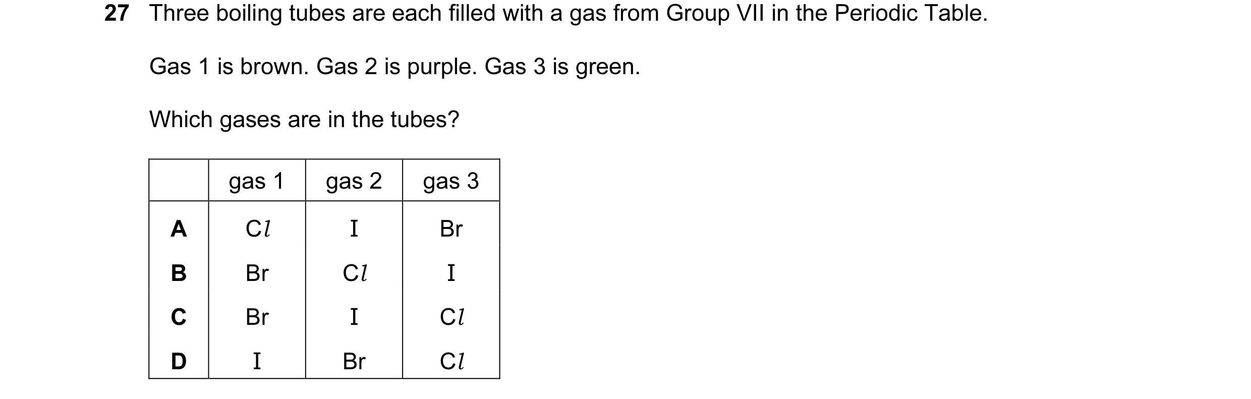 Question 9: Three boiling tubes are each filled with a gas from Group VII in the Periodic Table. Gas 1 is brown. Gas 2 is purple. Gas 3 is green. Which…