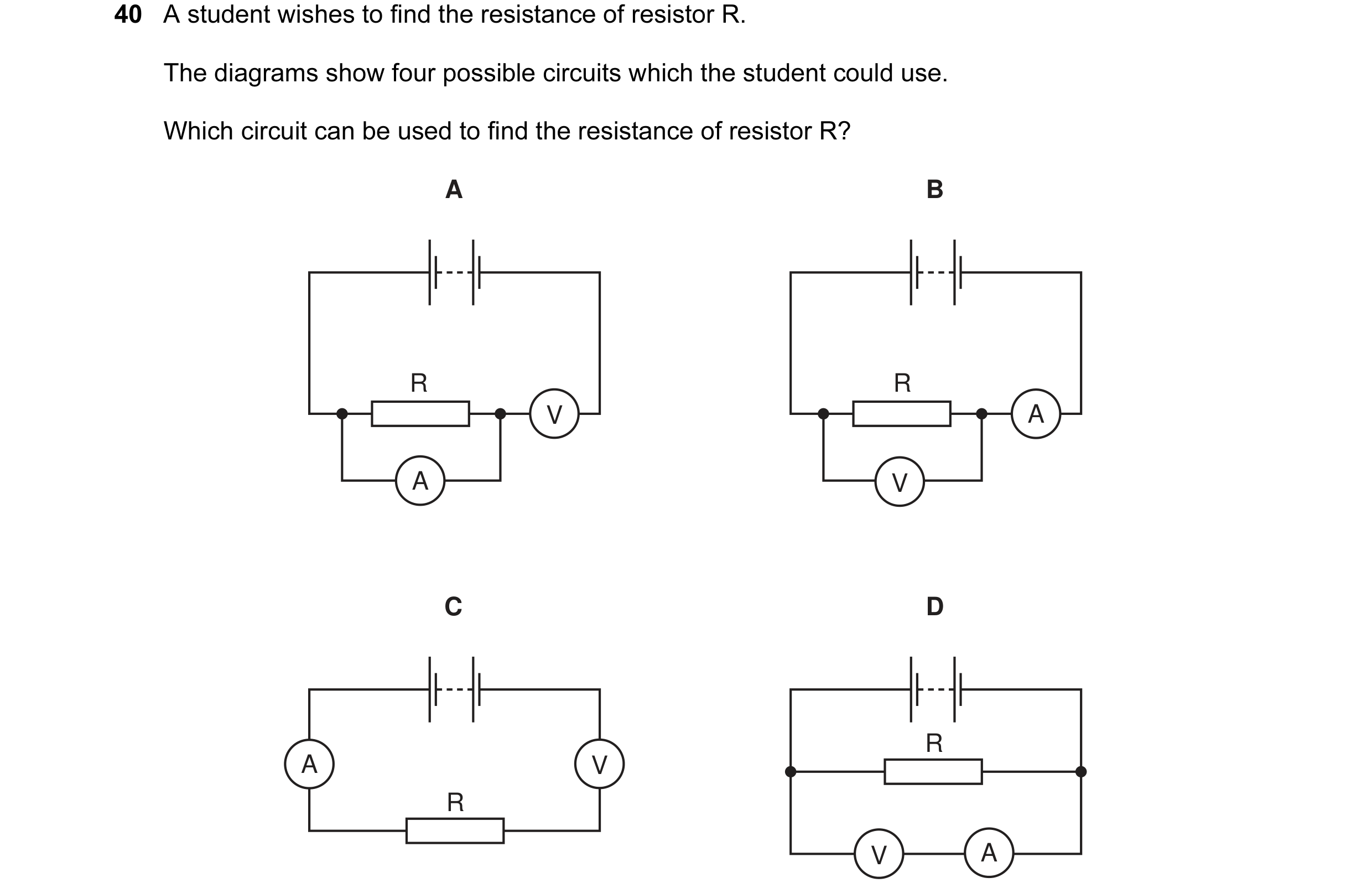 Question 33: A student wishes to find the resistance of resistor R. The diagrams show four possible circuits which the student could use. Which circuit …