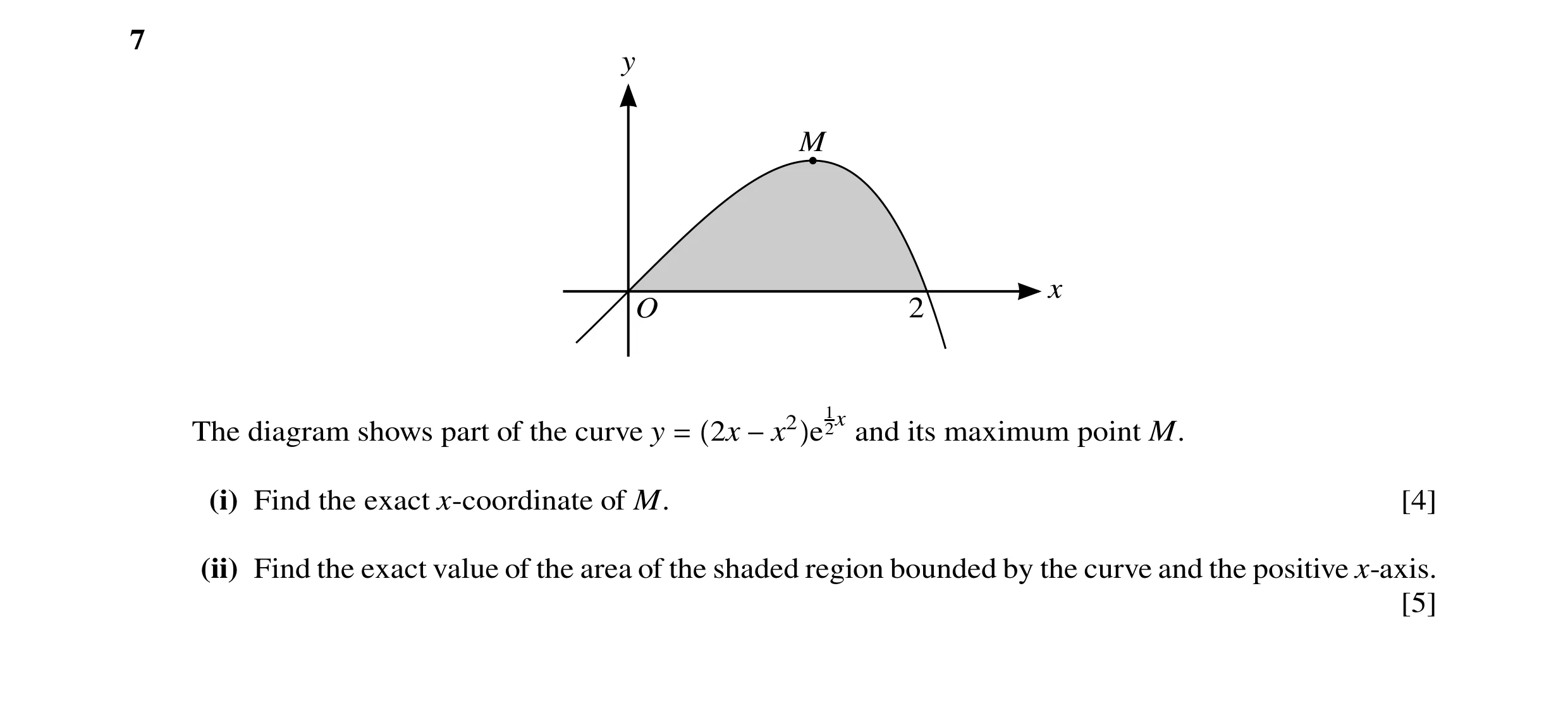 Question 49: y M x O 2 12x The diagram shows part of the curve y 2x e and its maximum point M. = −x2 (i) Find the exact x-coordinate of M. [4] (ii) Find…