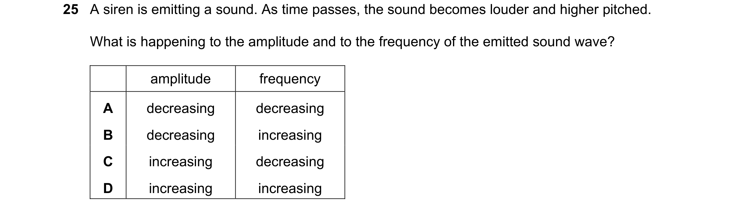 Question 126: A siren is emitting a sound. As time passes, the sound becomes louder and higher pitched. What is happening to the amplitude and to the fre…