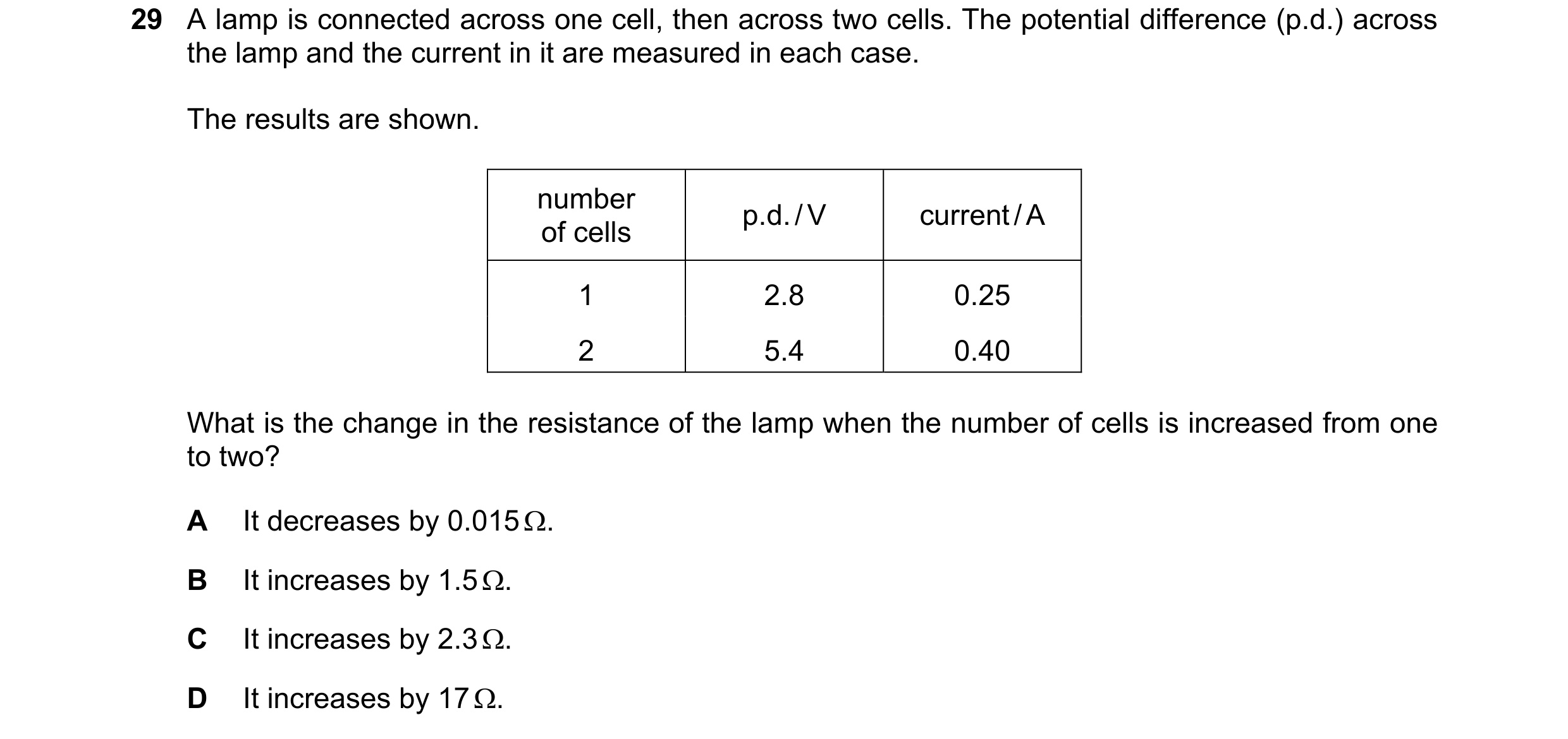 Question 237: A lamp is connected across one cell, then across two cells. The potential difference (p.d.) across the lamp and the current in it are measu…