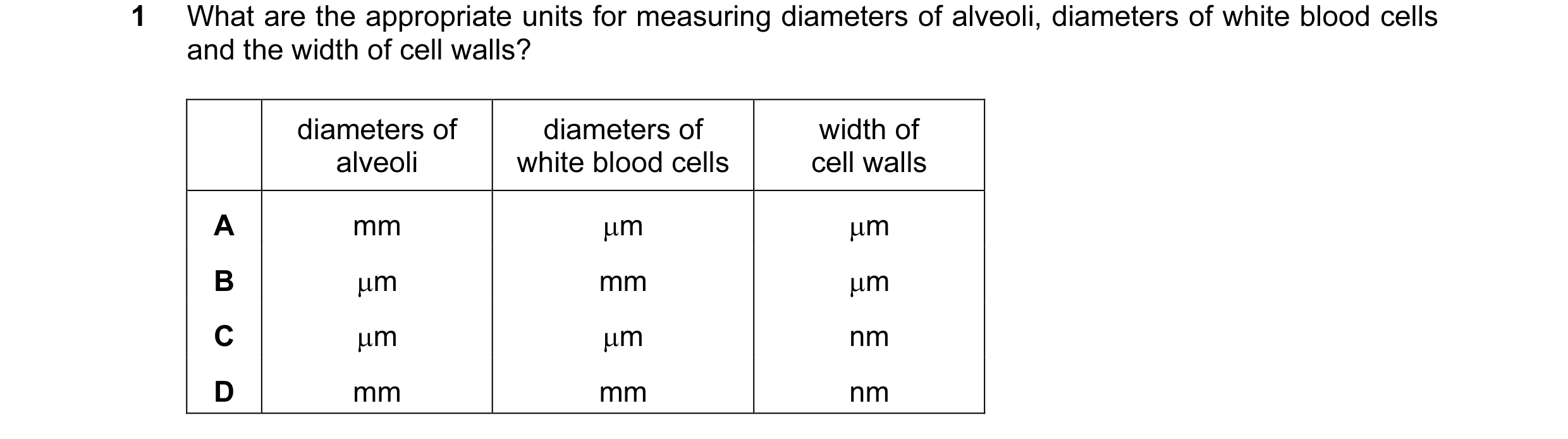 Question 82: What are the appropriate units for measuring diameters of alveoli, diameters of white blood cells and the width of cell walls? diameters of…