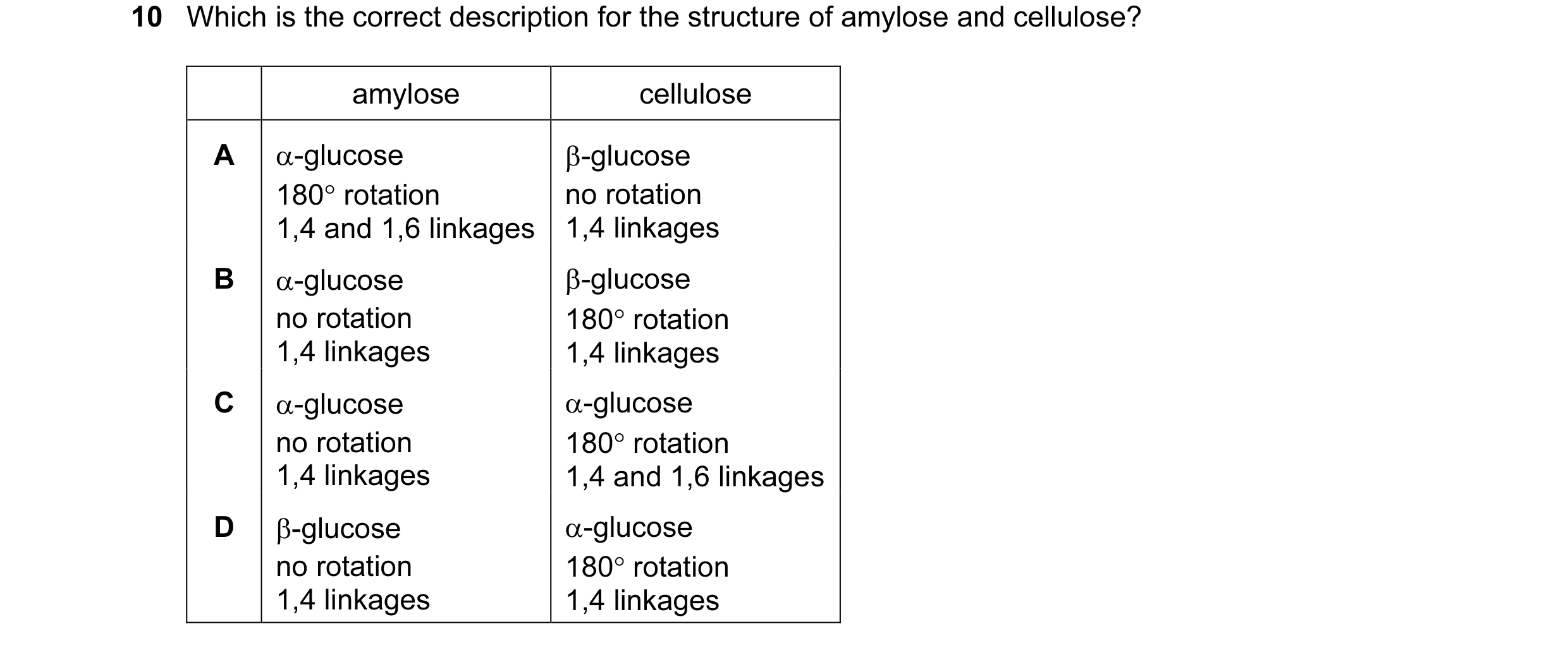 Question 123: Which is the correct description for the structure of amylose and cellulose? amylose cellulose A α-glucose β-glucose 180° rotation no rotat…