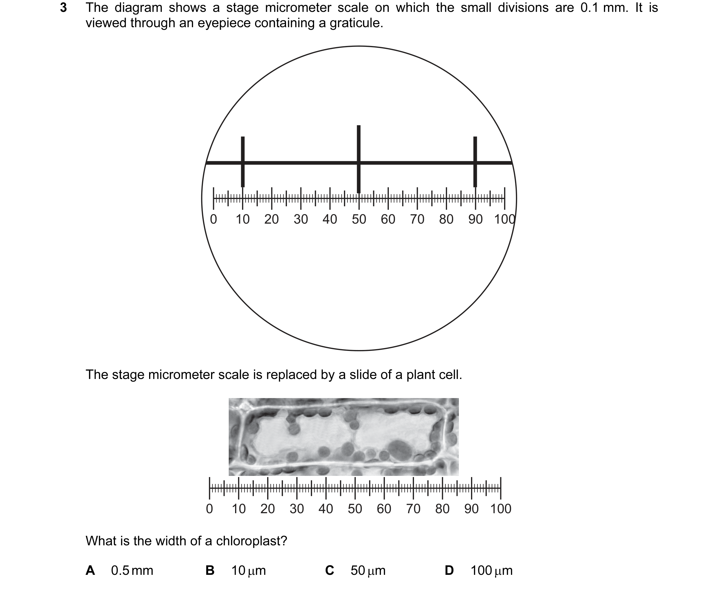 Question 83: The diagram shows a stage micrometer scale on which the small divisions are 0.1 mm. It is viewed through an eyepiece containing a graticule…