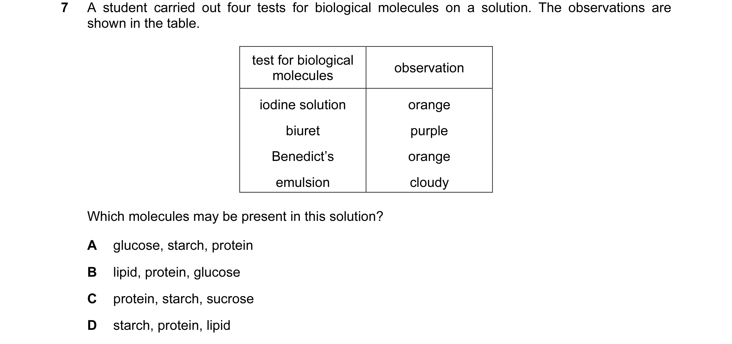 Question 32: A student carried out four tests for biological molecules on a solution. The observations are shown in the table. test for biological obser…