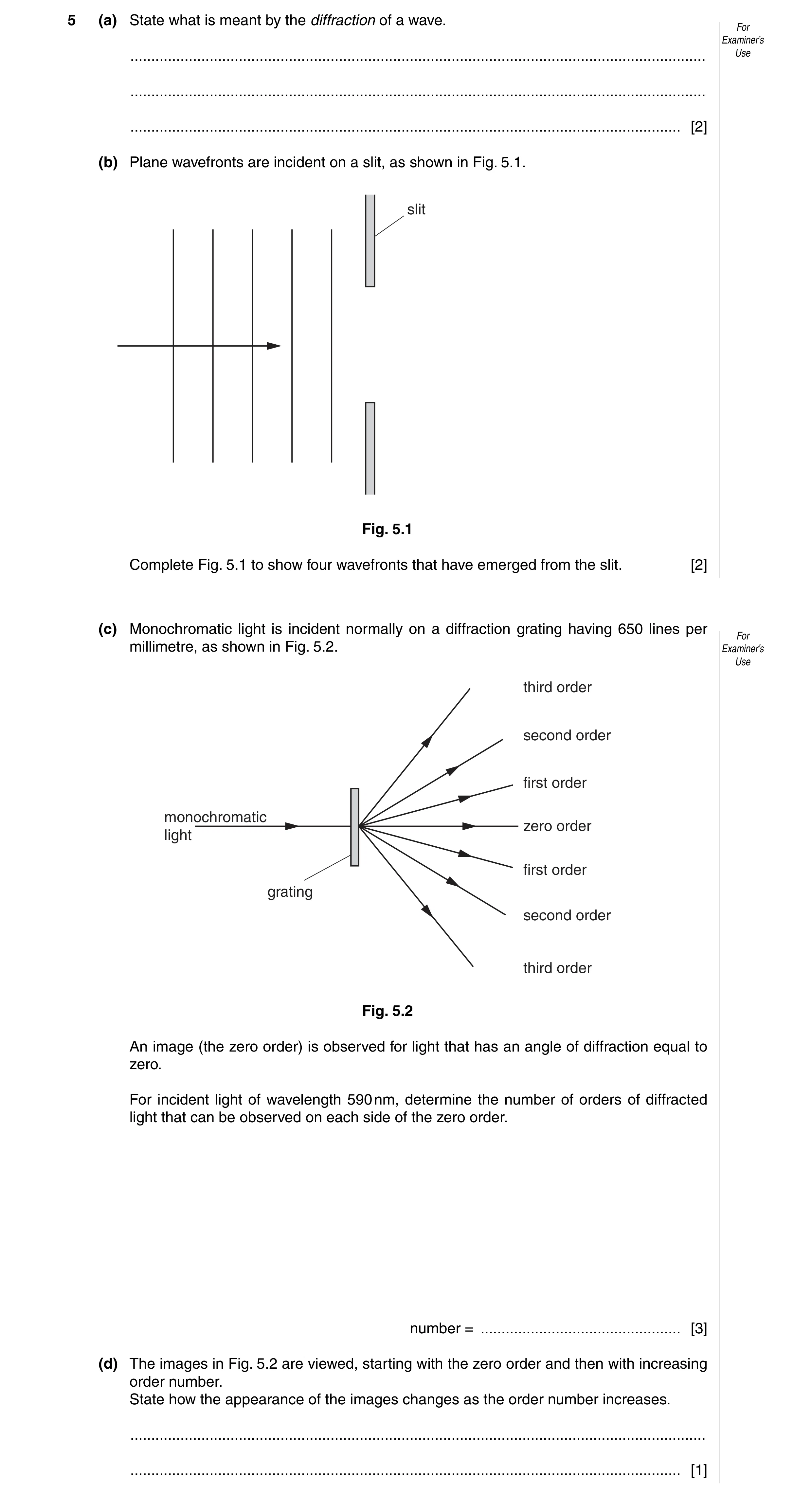 Question 3: (a) State what is meant by the diffraction of a wave. For Examiner’s ......................................................................…
