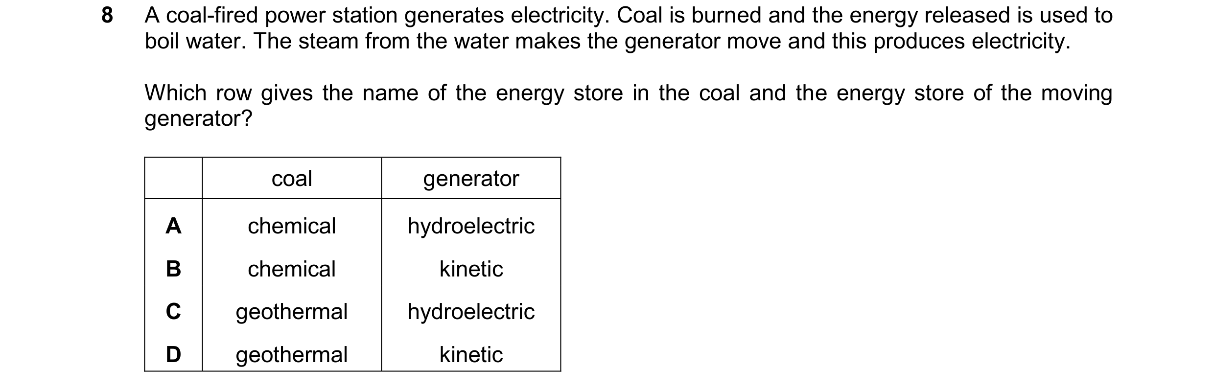 Question 183: A coal-fired power station generates electricity. Coal is burned and the energy released is used to boil water. The steam from the water ma…