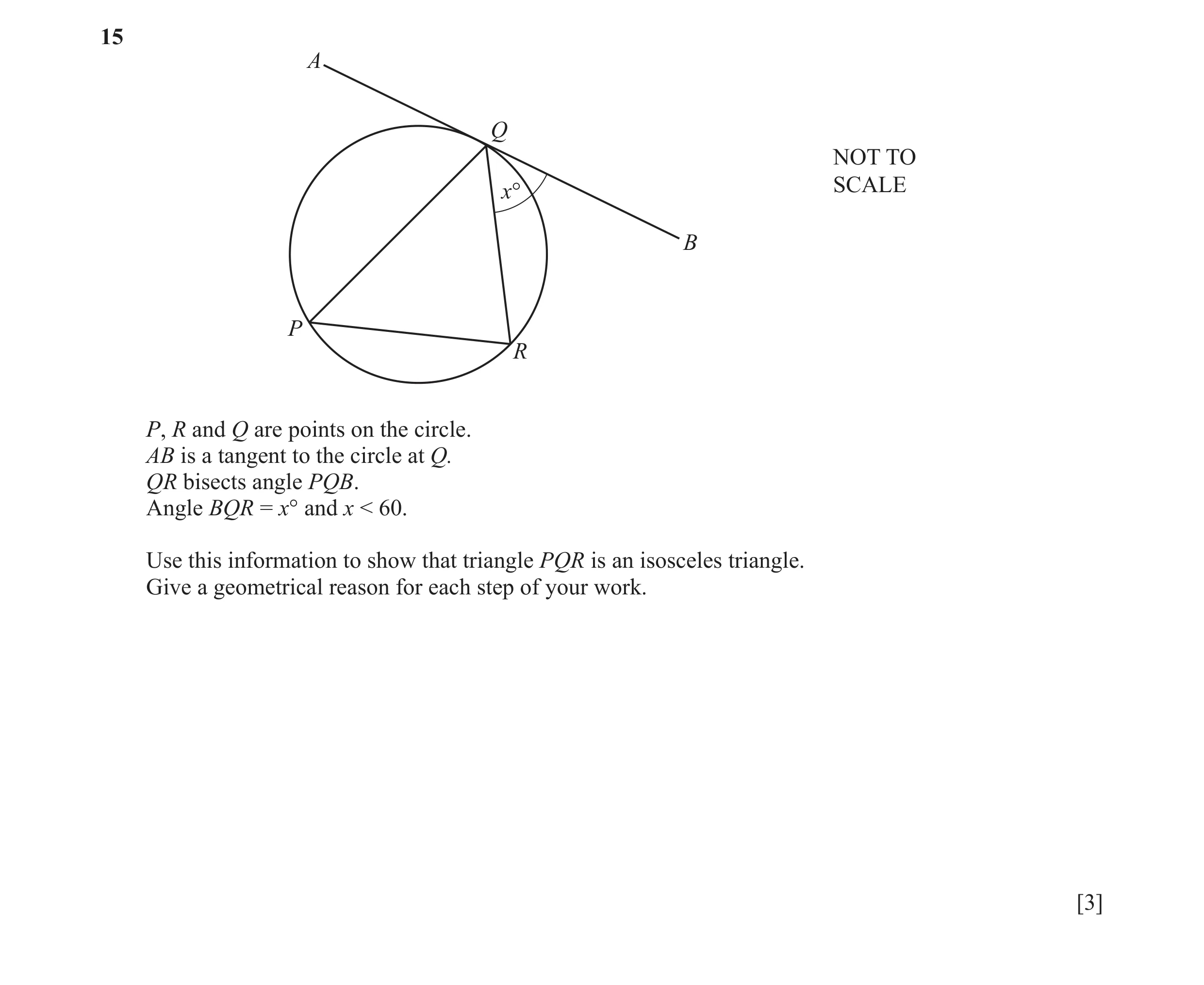 Question 22: A Q NOT TO x° SCALE B P R P, R and Q are points on the circle. AB is a tangent to the circle at Q. QR bisects angle PQB. Angle BQR = x° and…