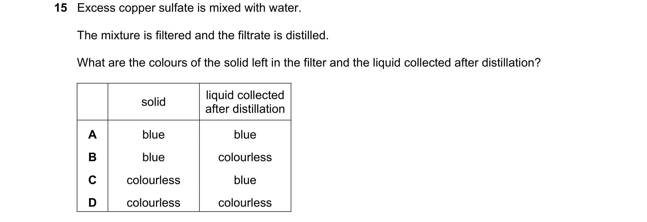 Question 23: Excess copper sulfate is mixed with water. The mixture is filtered and the filtrate is distilled. What are the colours of the solid left in…