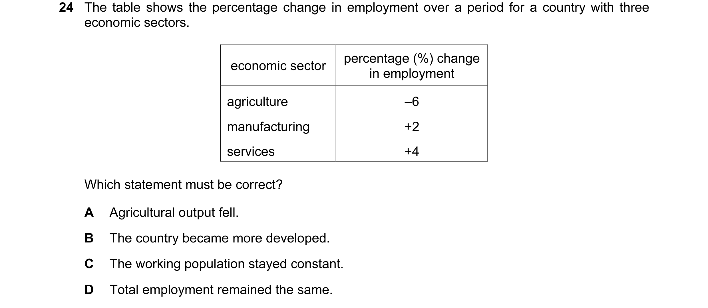 Question 35: The table shows the percentage change in employment over a period for a country with three economic sectors. percentage (%) change economic…