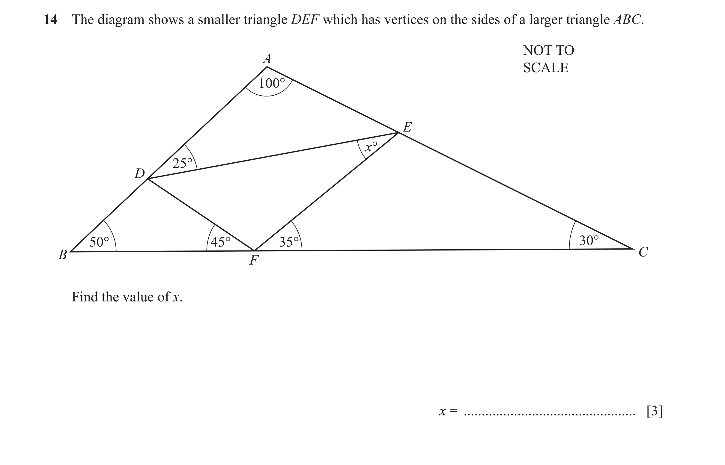 Question 62: The diagram shows a smaller triangle DEF which has vertices on the sides of a larger triangle ABC. NOT TO A SCALE 100° E x° 25° D 50° 45° 3…