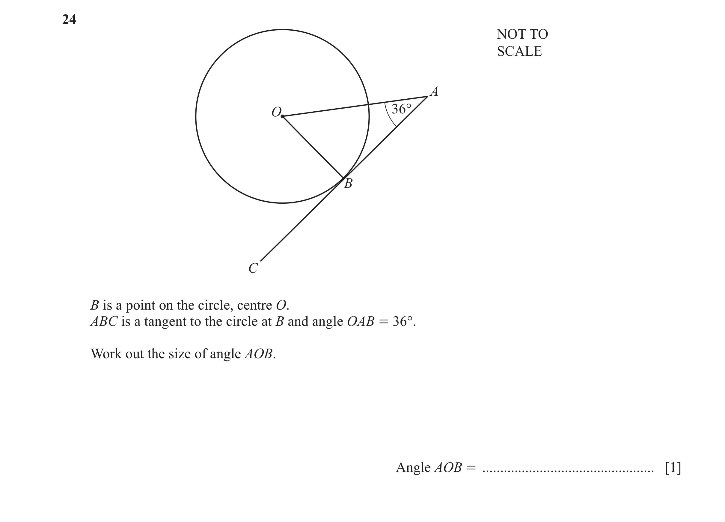 Question 22: NOT TO SCALE A O 36° B C B is a point on the circle, centre O. ABC is a tangent to the circle at B and angle OAB = 36°. Work out the size o…