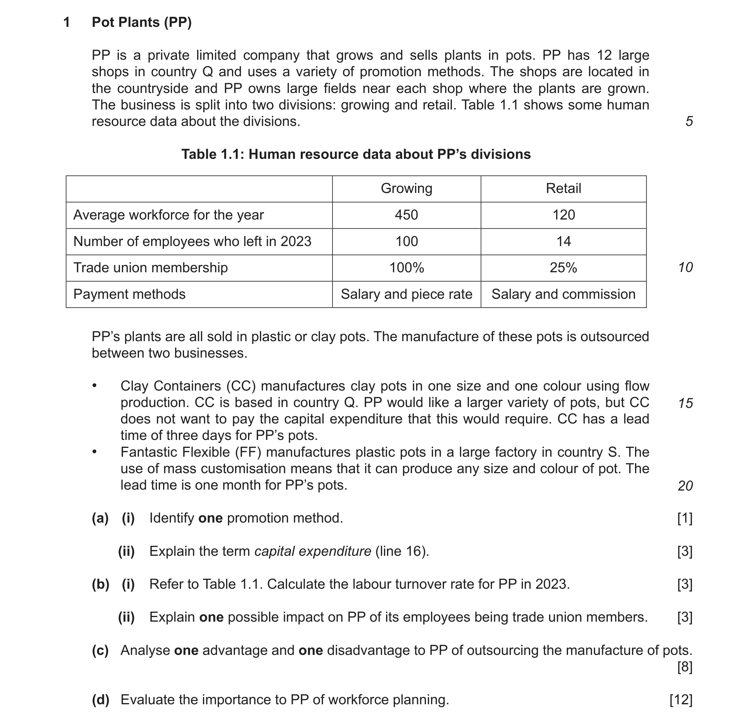 Question 18: Pot Plants (PP) PP is a private limited company that grows and sells plants in pots. PP has 12 large shops in country Q and uses a variety …