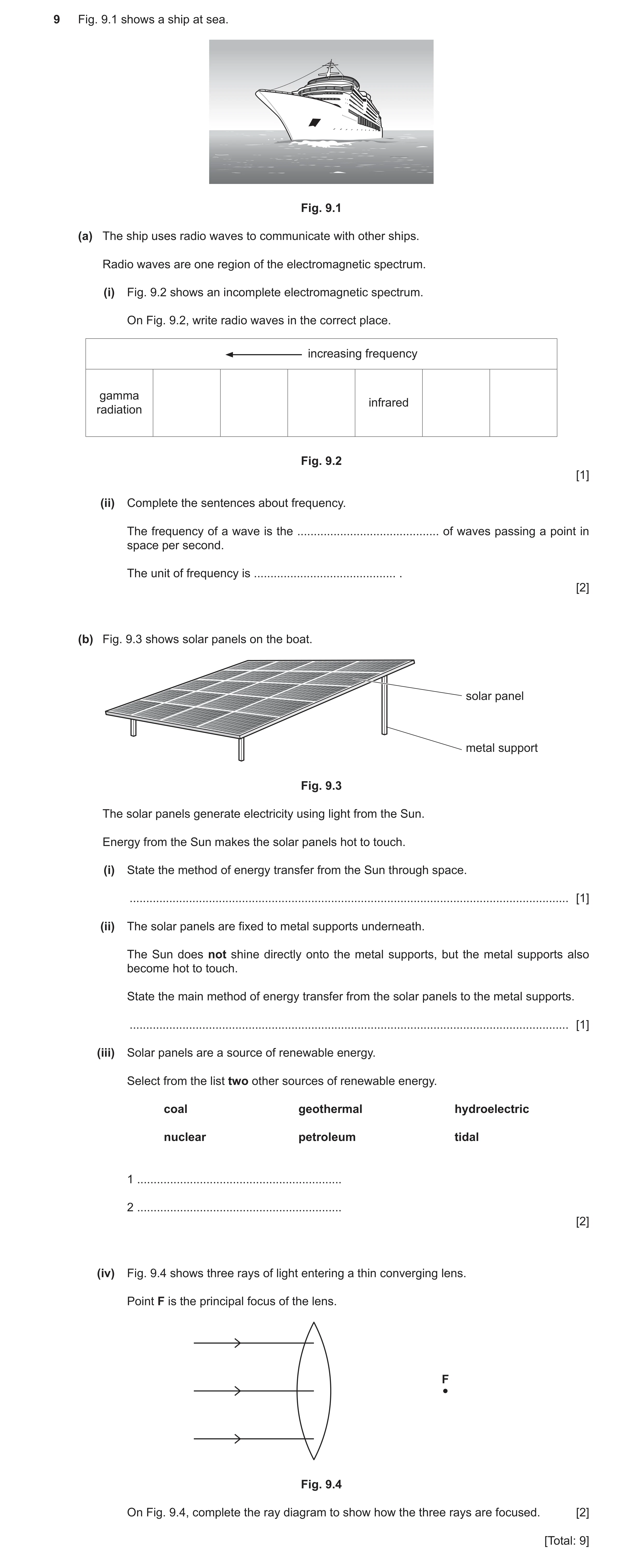 Question 21: Fig. 9.1 shows a ship at sea. Fig. 9.1 (a) The ship uses radio waves to communicate with other ships. Radio waves are one region of the ele…