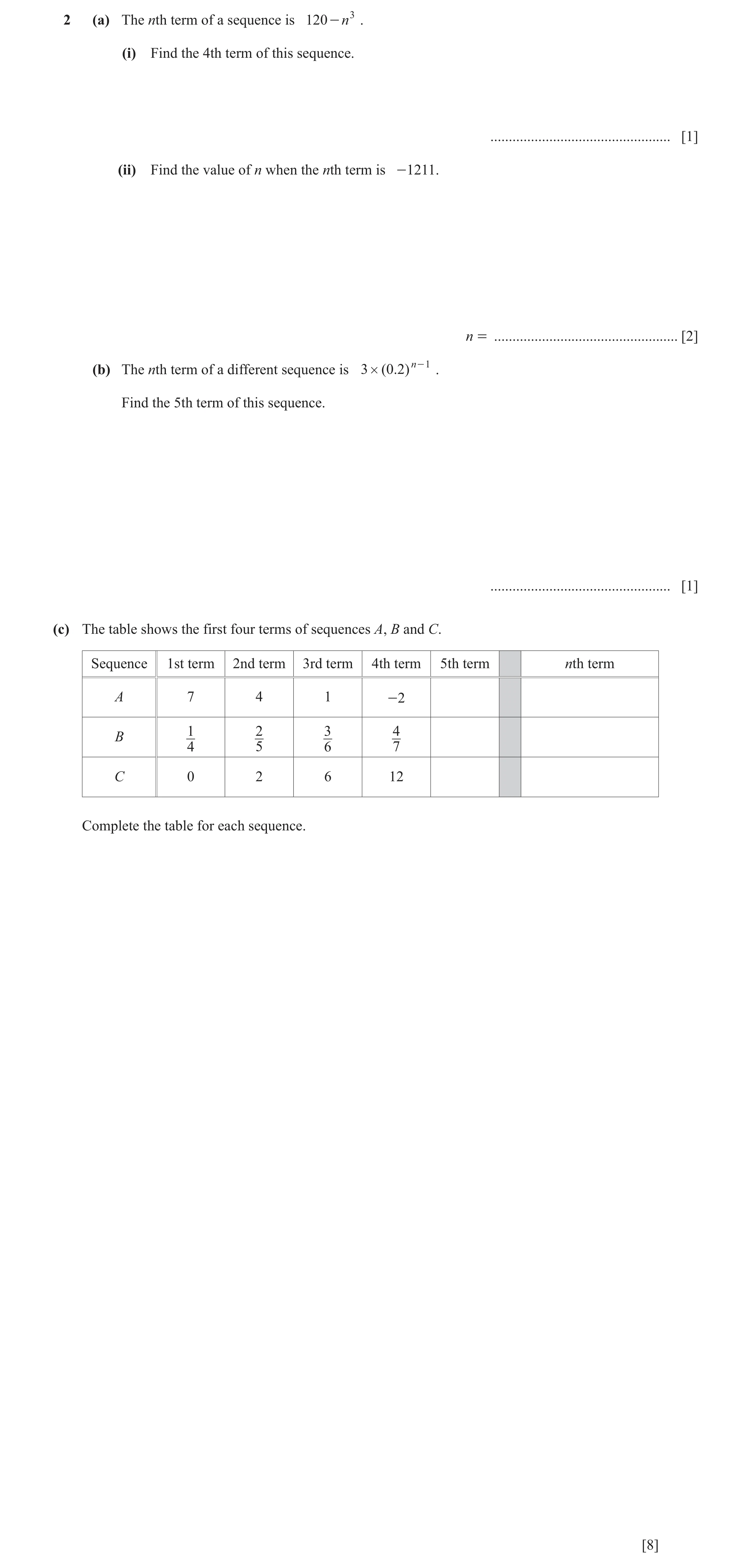 Question 19: (a) The nth term of a sequence is 120 - n 3 . (i) Find the 4th term of this sequence. ................................................. [1]…