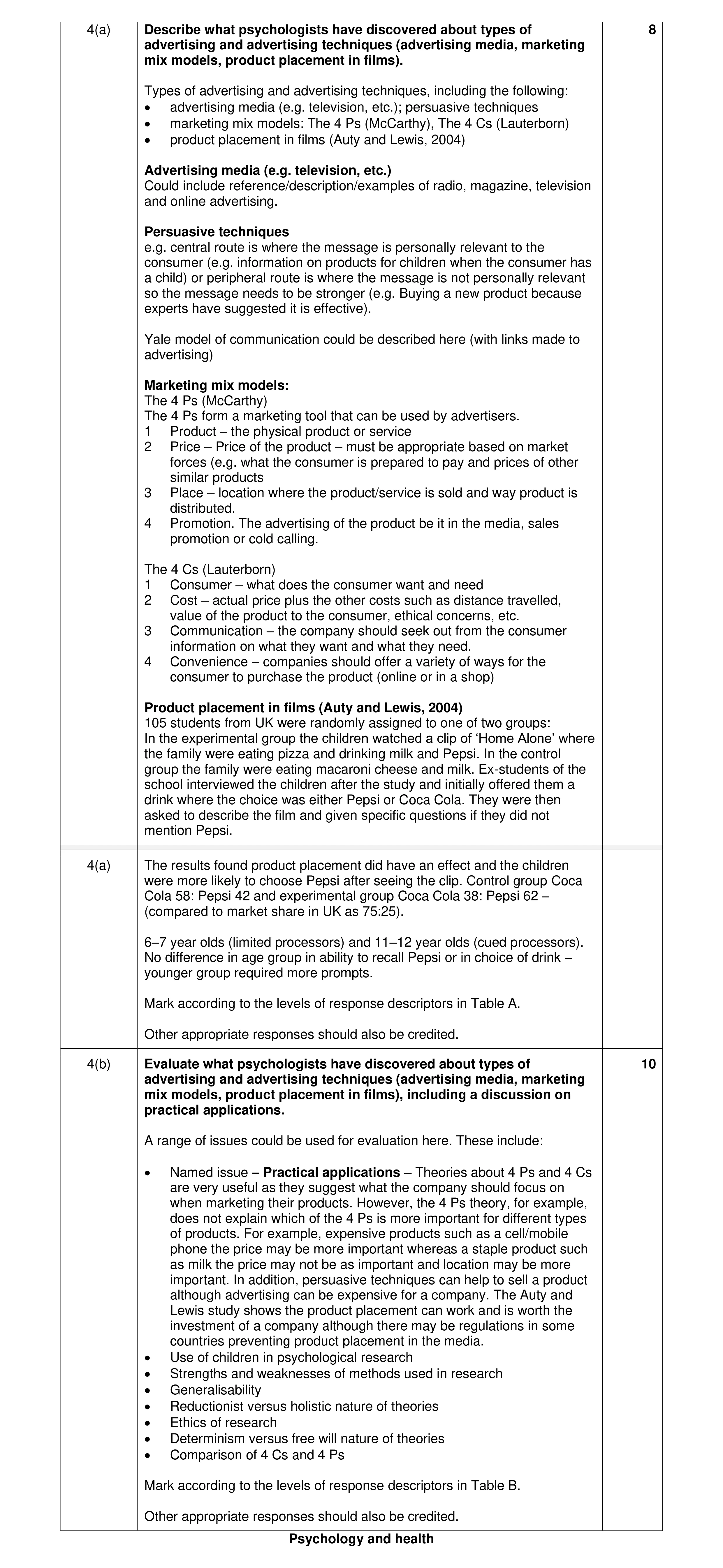 Mark scheme for question 8