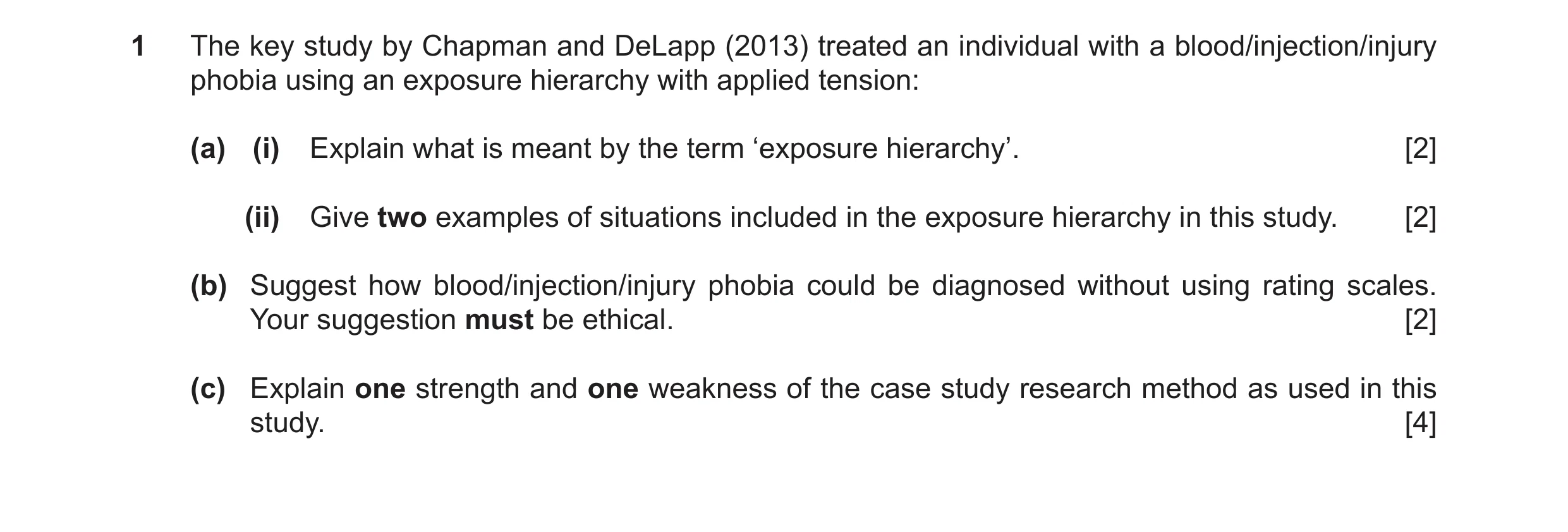 Question 27: The key study by Chapman and DeLapp (2013) treated an individual with a blood/injection/injury phobia using an exposure hierarchy with appl…