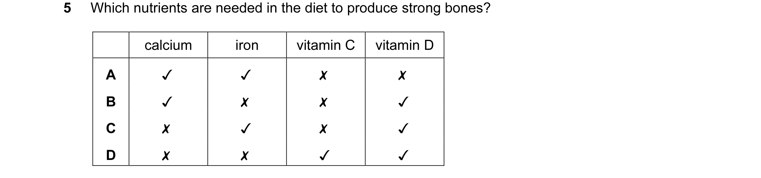Question 16: Which nutrients are needed in the diet to produce strong bones?

calcium iron vitamin C | vitamin D

v v x x

0 0O WwW D>

v x x v
x v x v
…