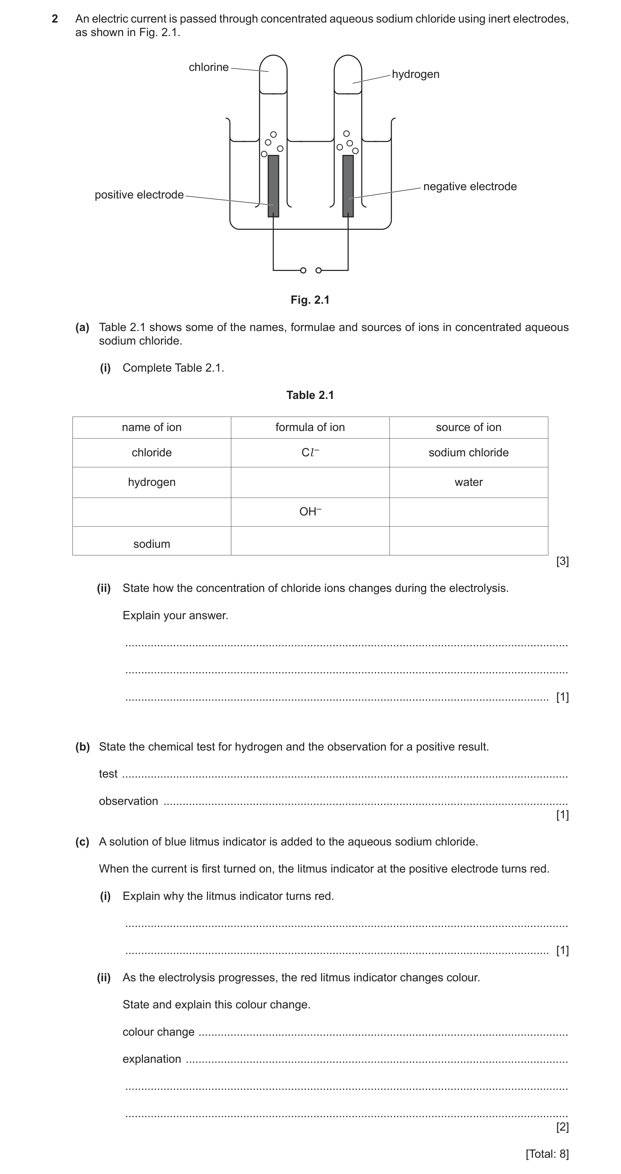 Question 27: An electric current is passed through concentrated aqueous sodium chloride using inert electrodes, as shown in Fig. 2.1. chlorine hydrogen …