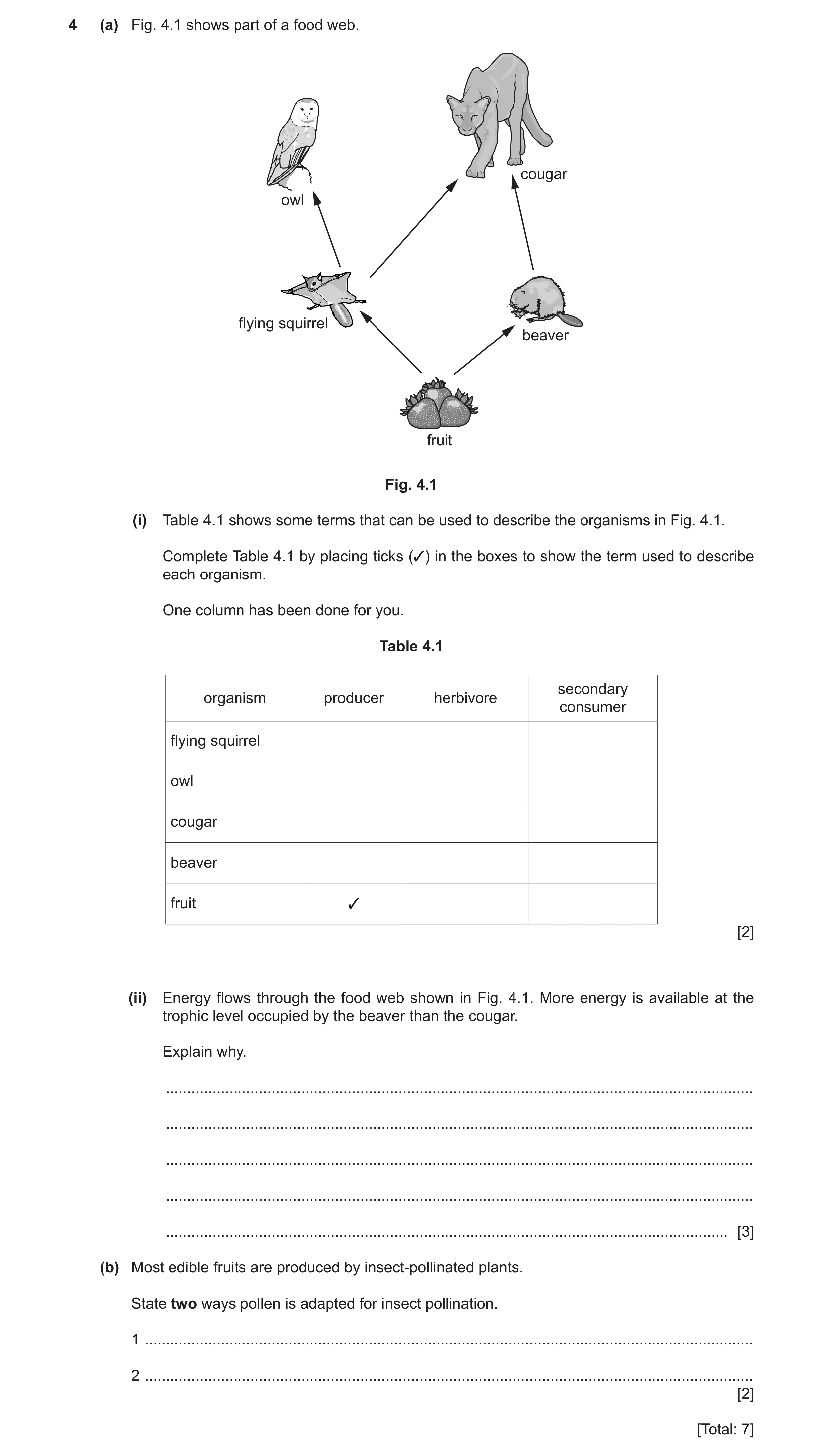 Question 18: (a) Fig. 4.1 shows part of a food web. cougar owl flying squirrel beaver fruit Fig. 4.1 (i) Table 4.1 shows some terms that can be used to …