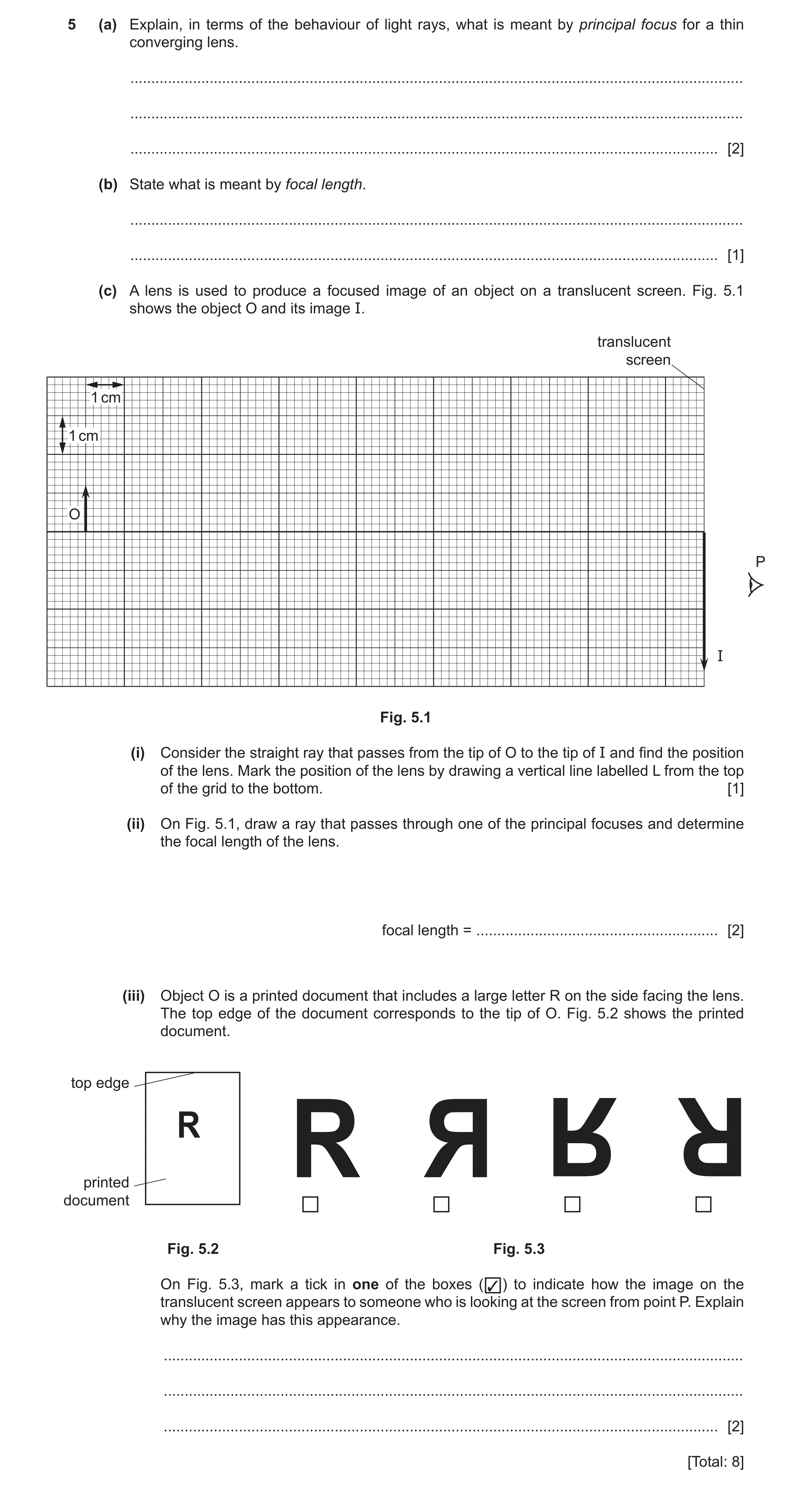 Question 29: (a) Explain, in terms of the behaviour of light rays, what is meant by principal focus for a thin converging lens. ........................…