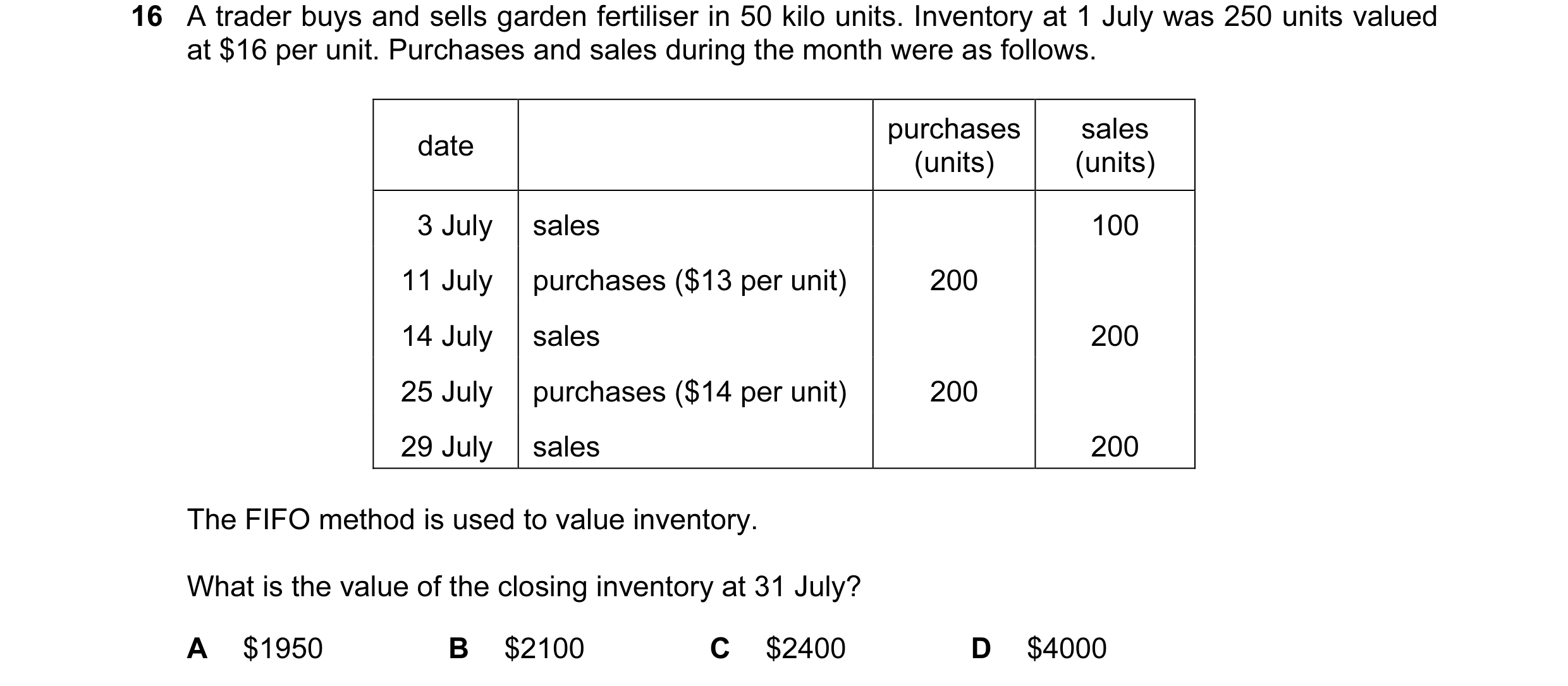 Question 203: A trader buys and sells garden fertiliser in 50 kilo units. Inventory at 1 July was 250 units valued at $16 per unit. Purchases and sales d…