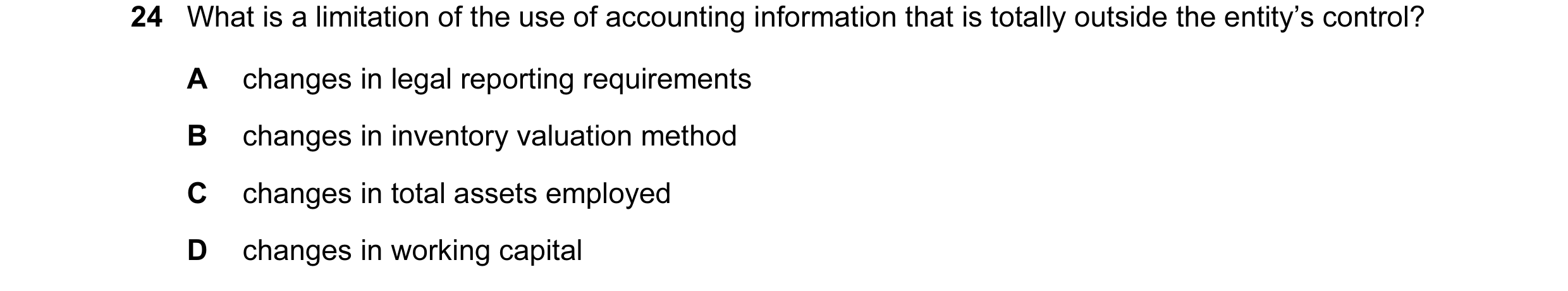 Question 91: What is a limitation of the use of accounting information that is totally outside the entity’s control? A changes in legal reporting requir…
