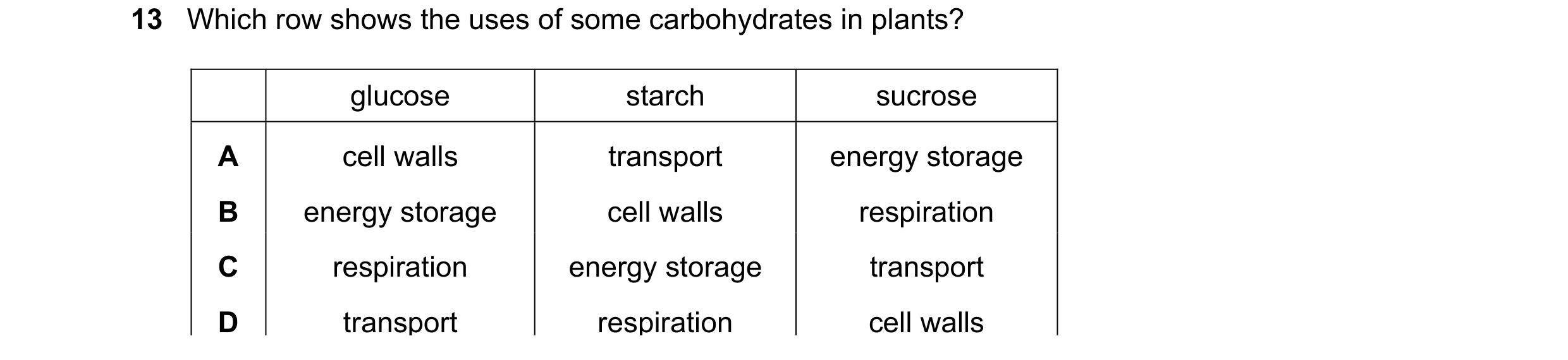 Question 25: Which row shows the uses of some carbohydrates in plants? glucose starch sucrose A cell walls transport energy storage B energy storage cel…