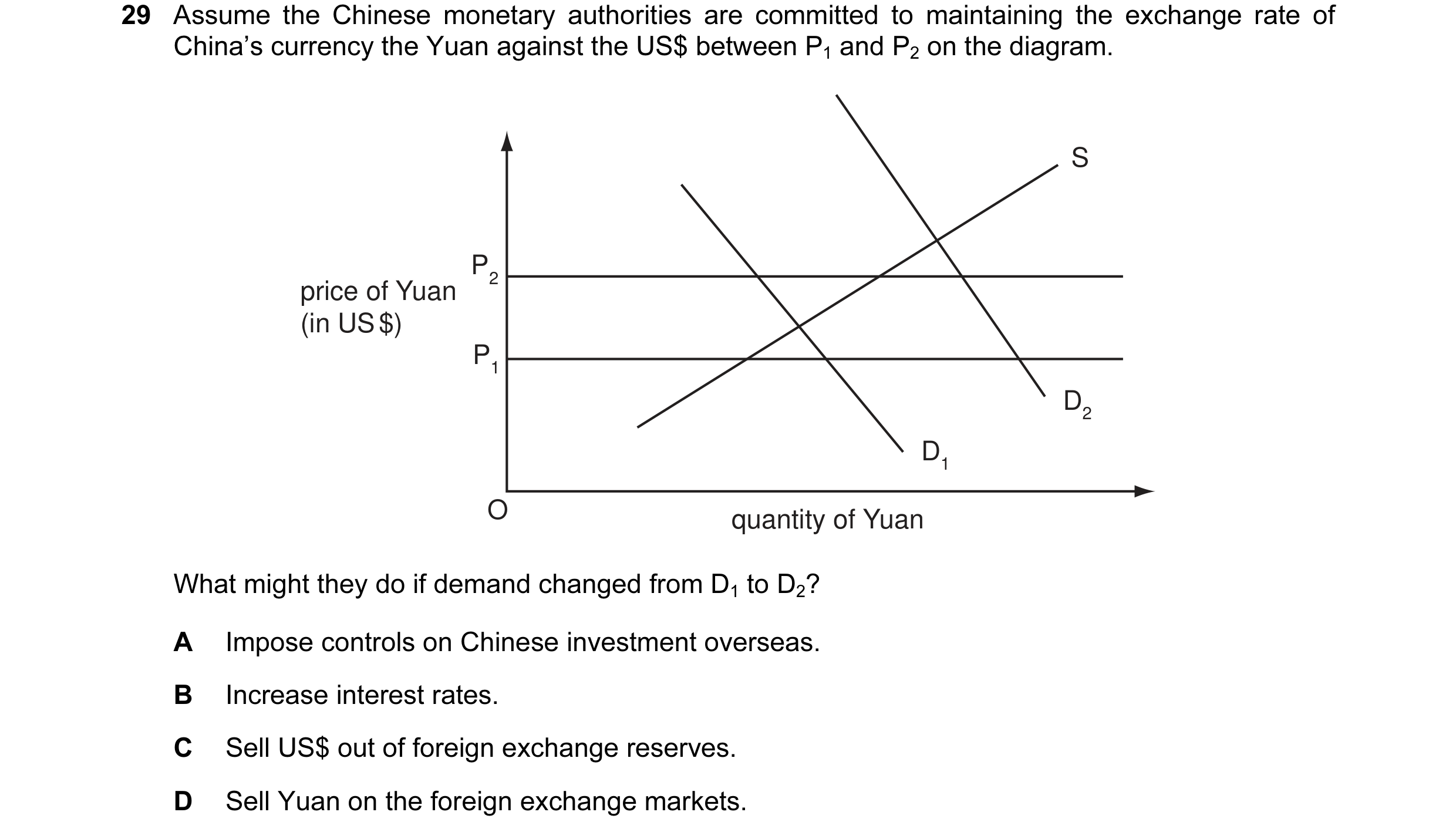 Question 40: Assume the Chinese monetary authorities are committed to maintaining the exchange rate of China’s currency the Yuan against the US$ between…