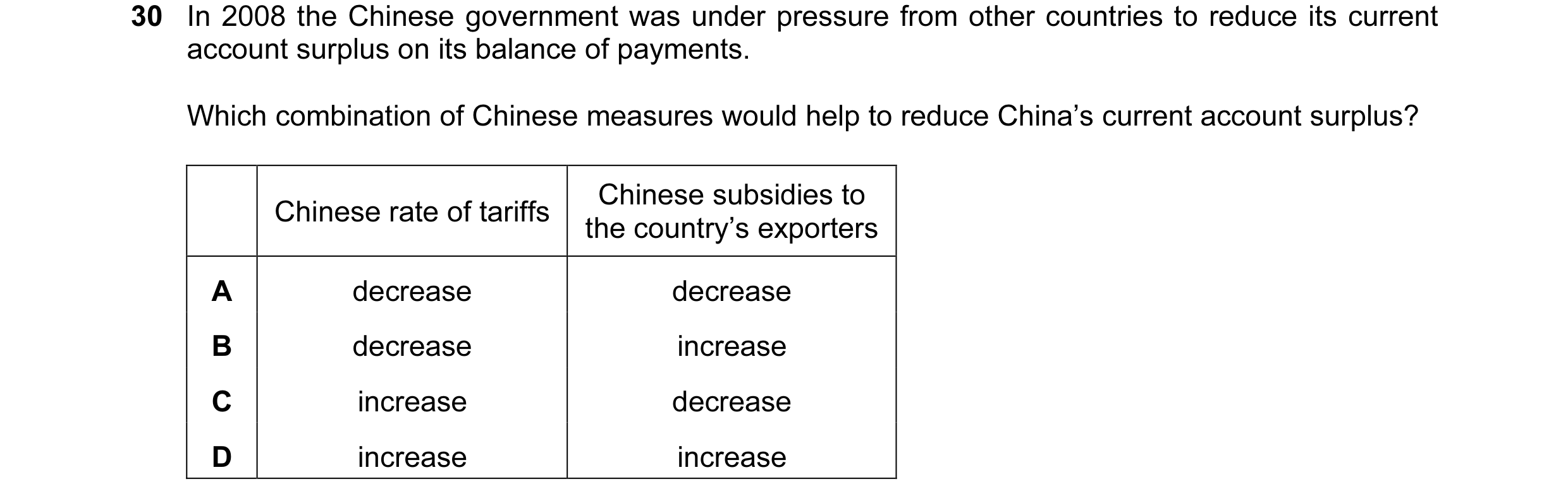 Question 23: In 2008 the Chinese government was under pressure from other countries to reduce its current account surplus on its balance of payments. Wh…