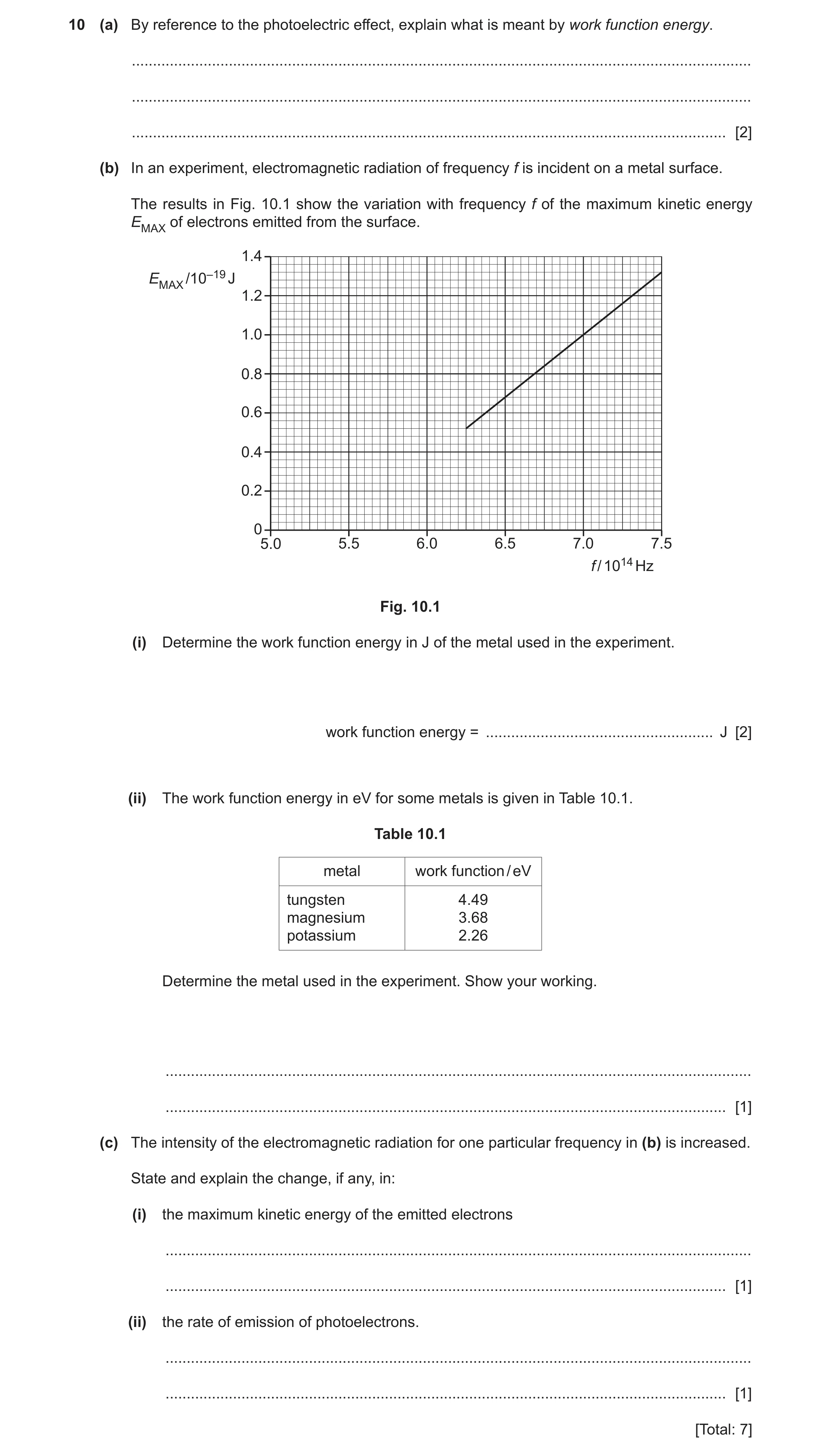 Question 10: (a) By reference to the photoelectric effect, explain what is meant by work function energy. ..............................................…