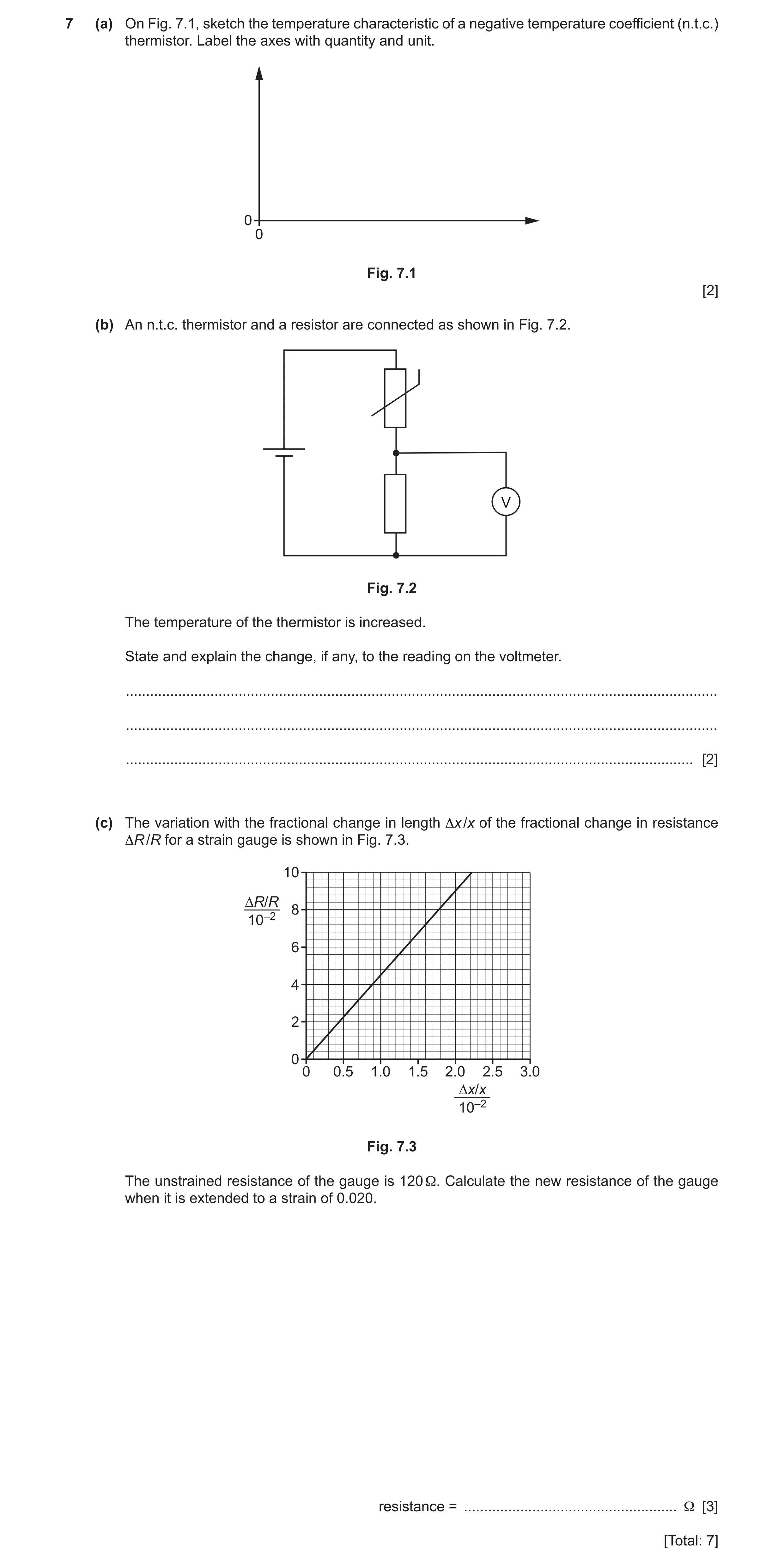 Question 9: (a) On Fig. 7.1, sketch the temperature characteristic of a negative temperature coefficient (n.t.c.) thermistor. Label the axes with quant…