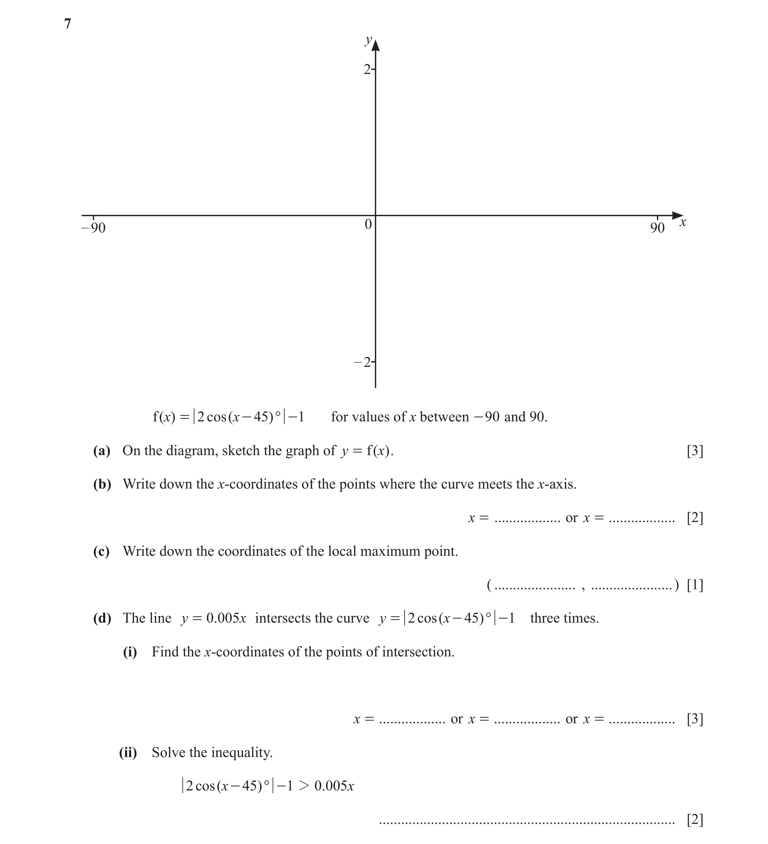 Question 70: y 2 – 90 0 90 x – 2 f ( x) = 2 cos ( x - 45)° - 1 for values of x between - 90 and 90. (a) On the diagram, sketch the graph of y = f ( x) .…
