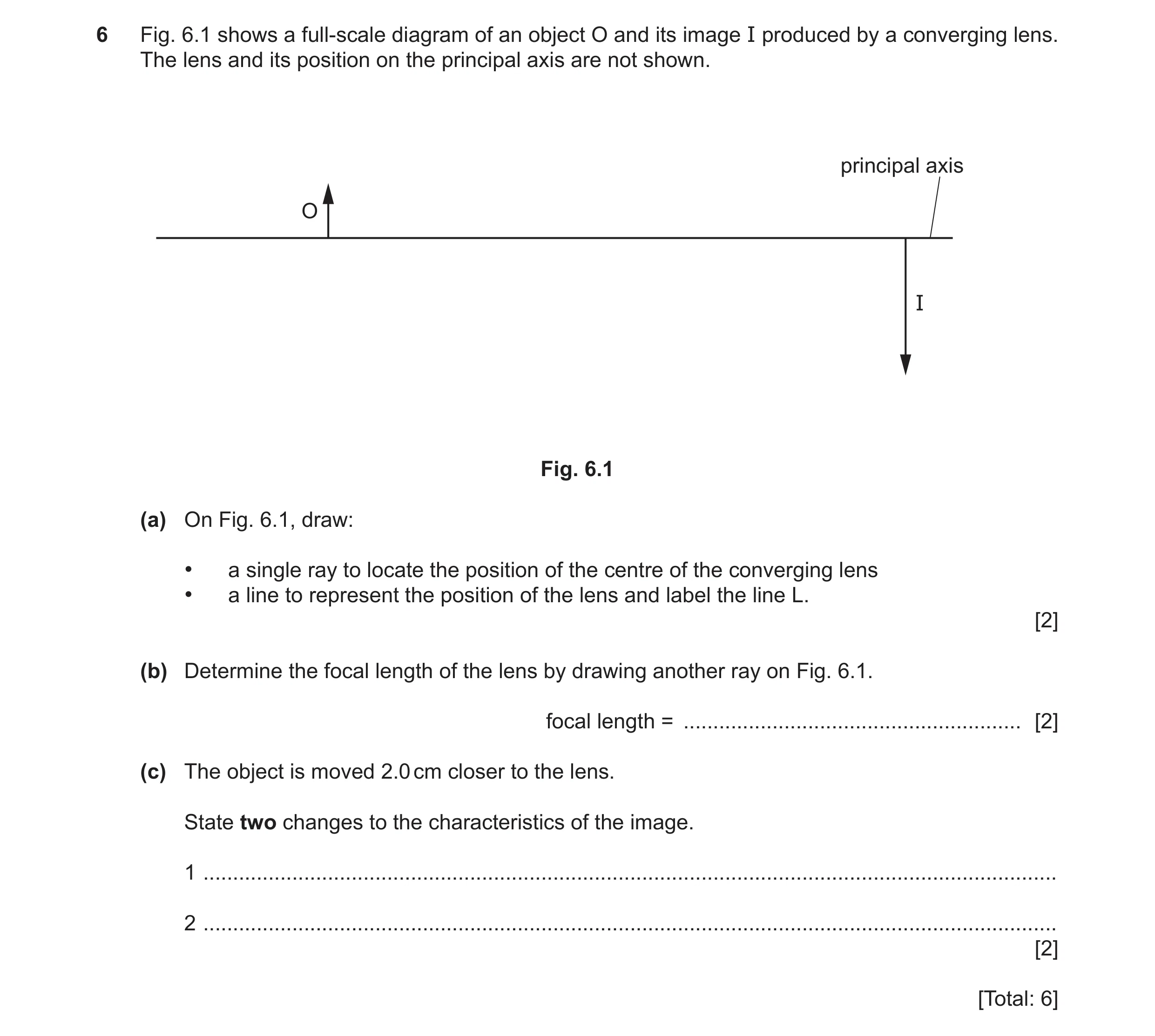 Question 42: Fig. 6.1 shows a full‑scale diagram of an object O and its image I produced by a converging lens. The lens and its position on the principa…