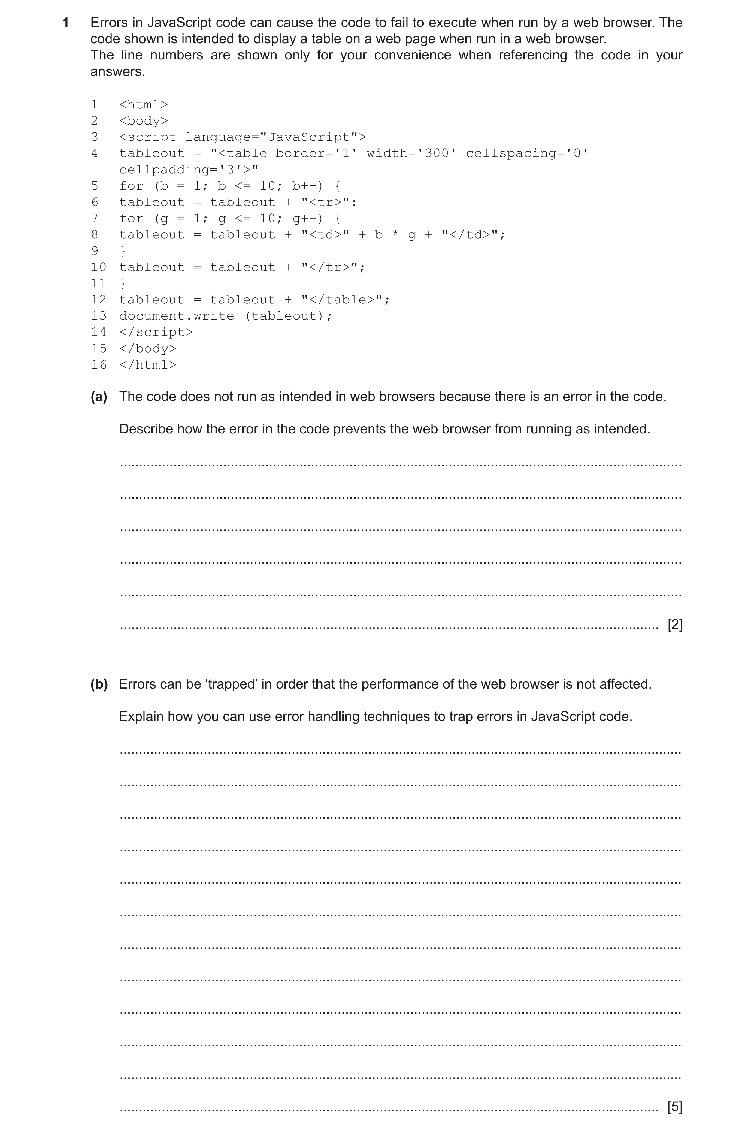 Question 13: Errors in JavaScript code can cause the code to fail to execute when run by a web browser. The code shown is intended to display a table on…